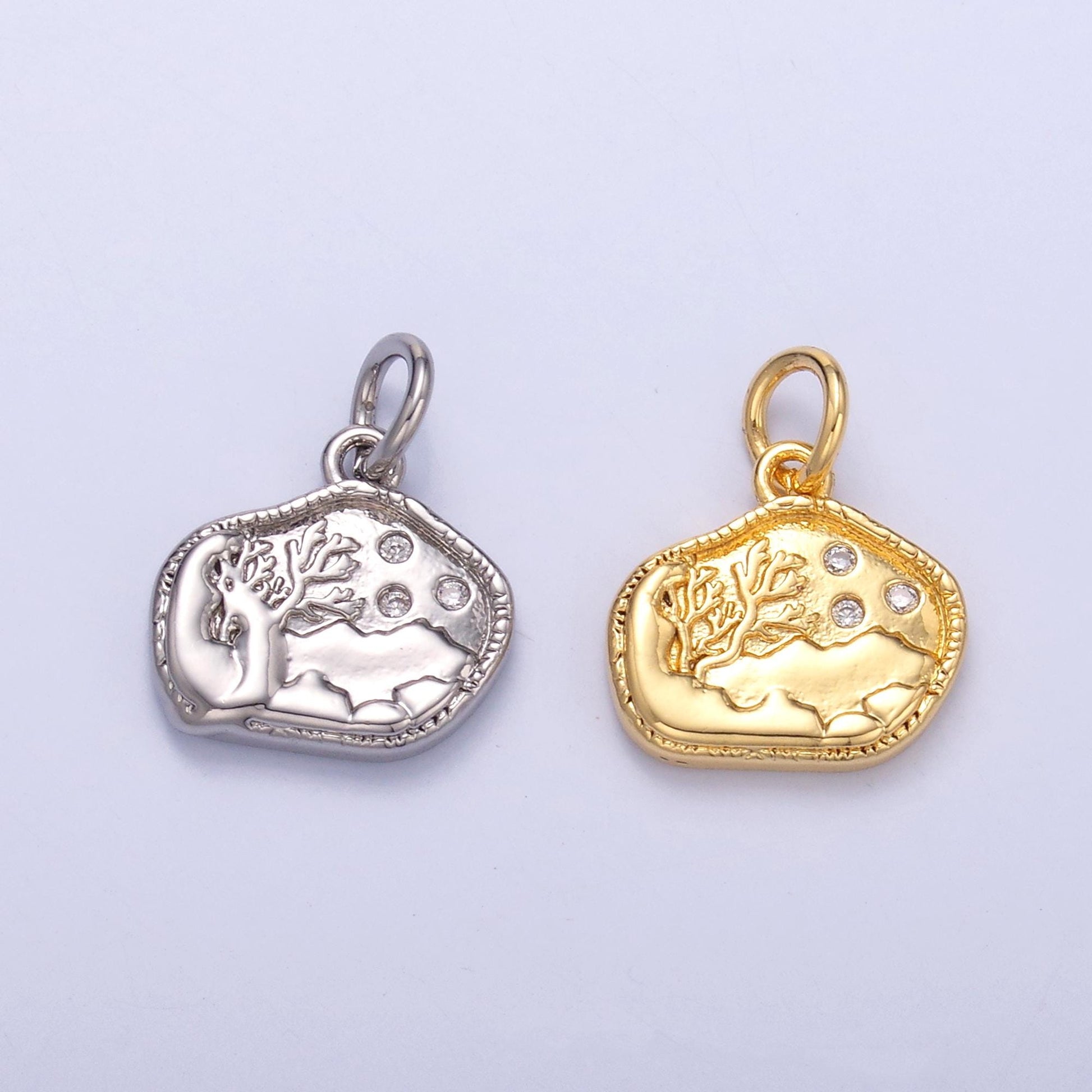 Textured Tree & Moon Landscape Pendant – Gold or Silver Charm – Nature Scene Jewelry Supplies N-072