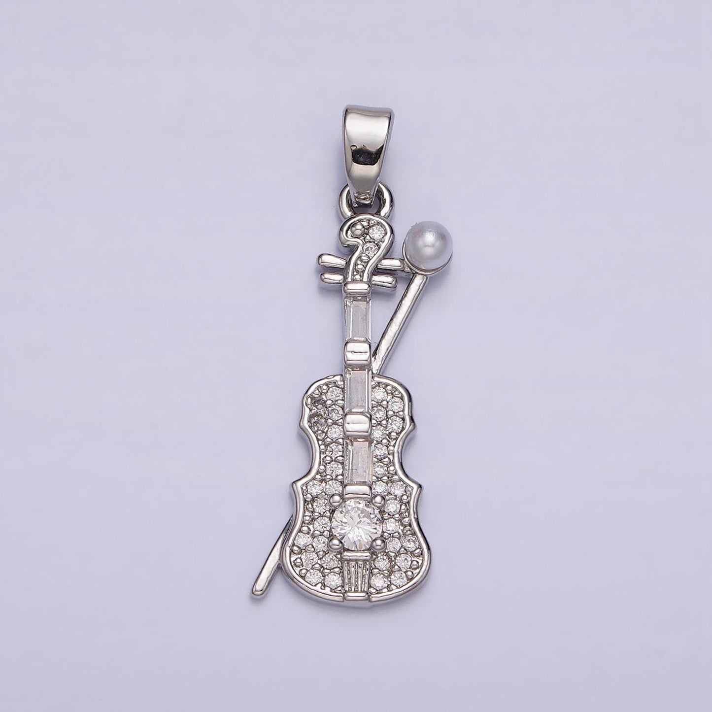 14k gold filled violin music instrument pearl clear baguette micro paved cz pendant | n1458