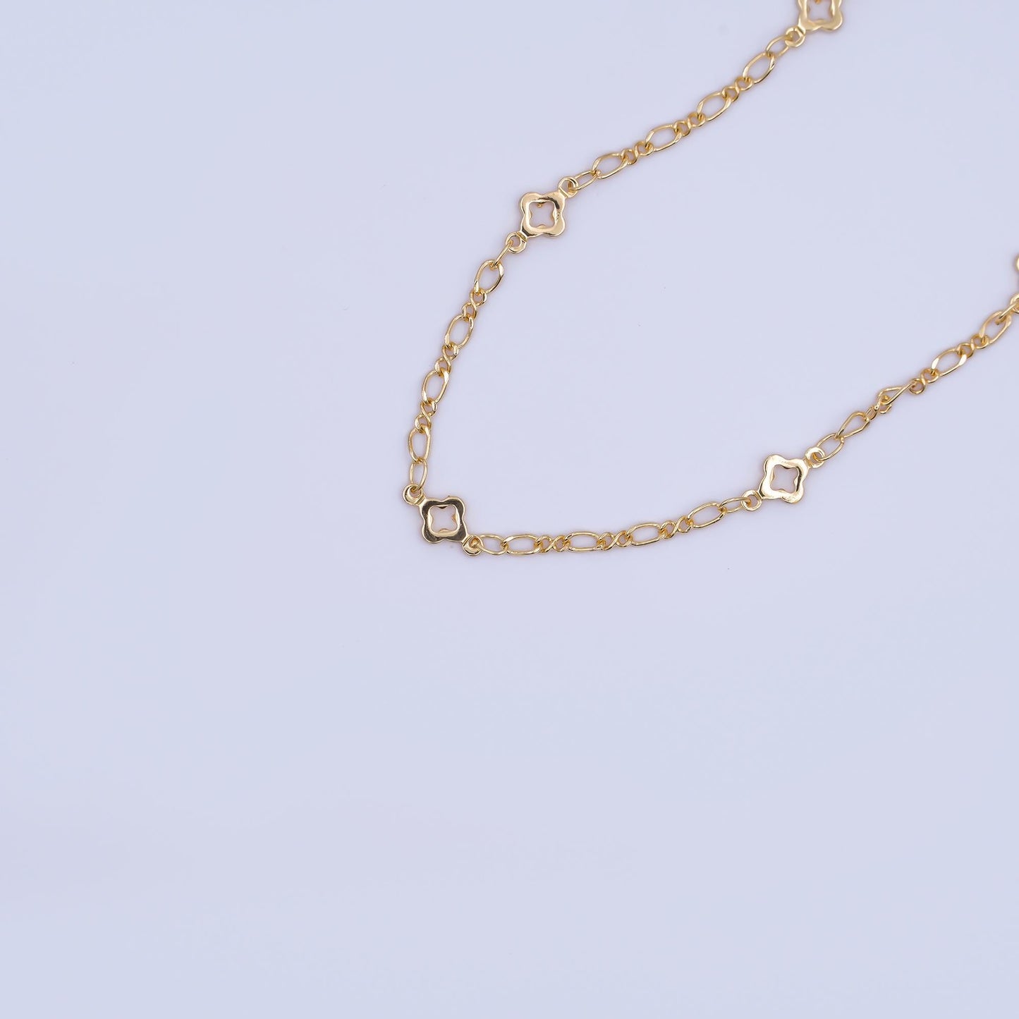 24K Gold CZ Dainty Four-Leaf Lucky Clover Chain by Yard, Wholesale Gold Chain CZ Clover Bezel Cut Chain for Jewelry Making | ROLL-791