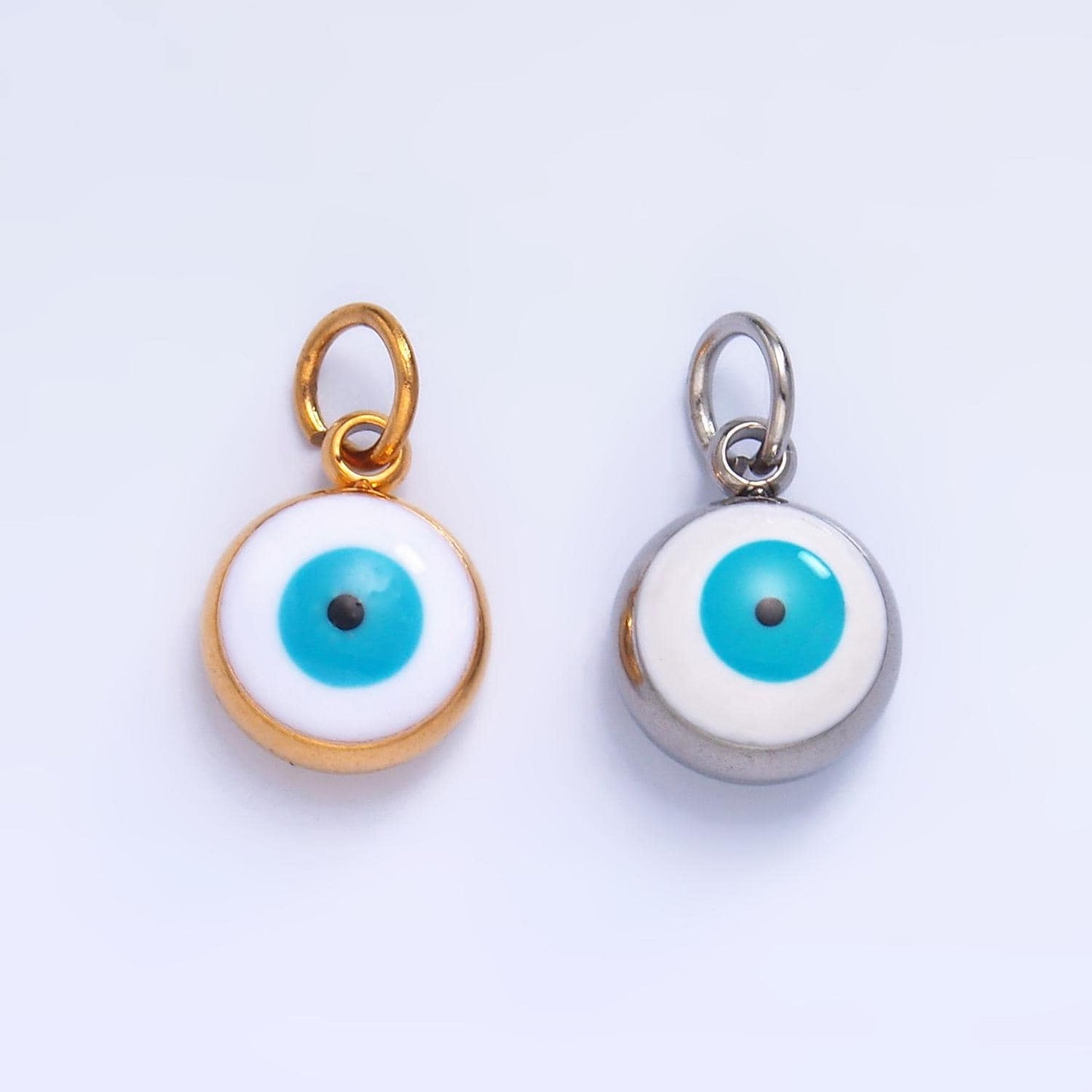 PVD Gold Plate Stainless Steel white, blue evil eye enamel 8mm Heartcharm | P727