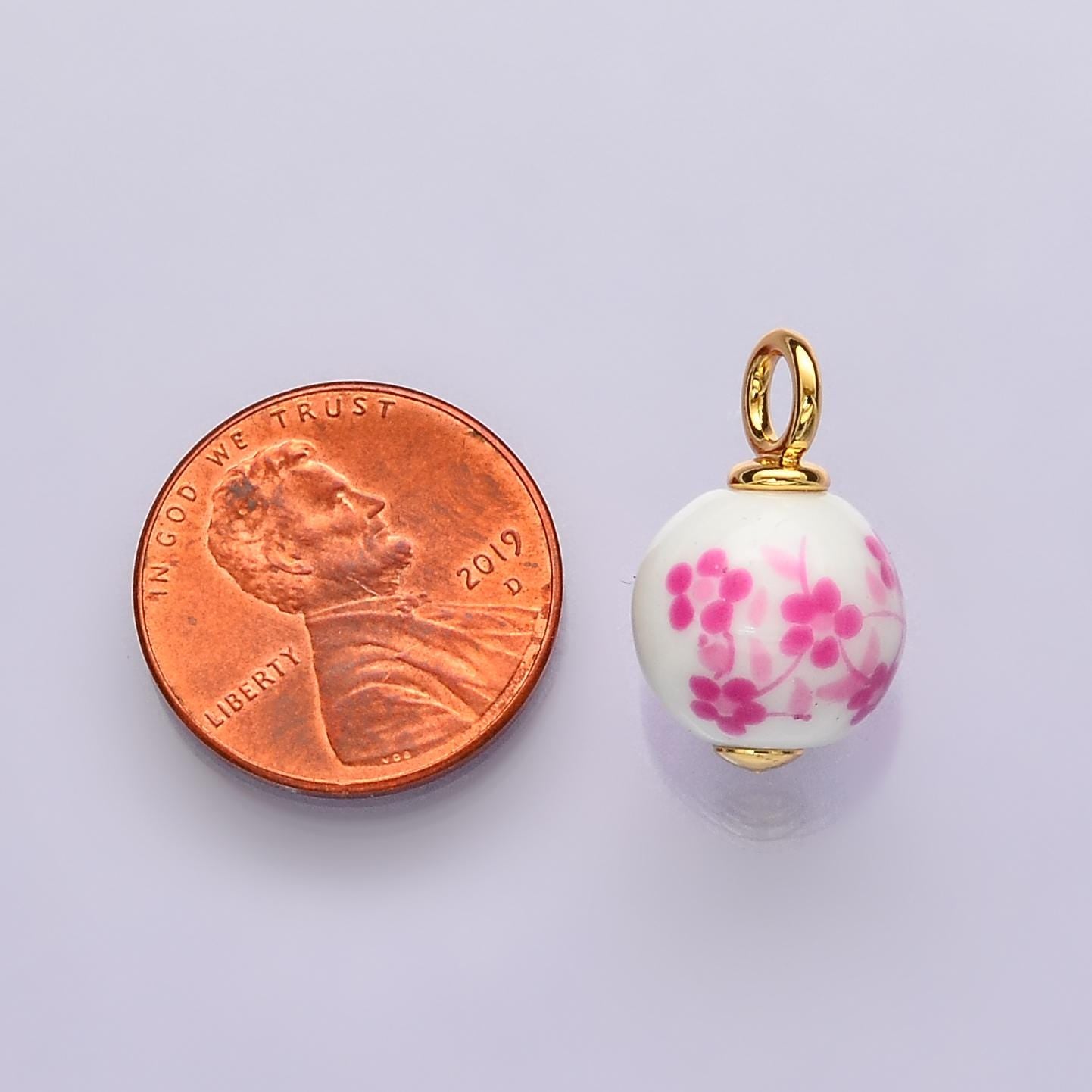 Dainty round ceramic charm handmade Pink Cherry Blossom painting porcelain vintage charm for necklace bracelet jewelry making supply C-671
