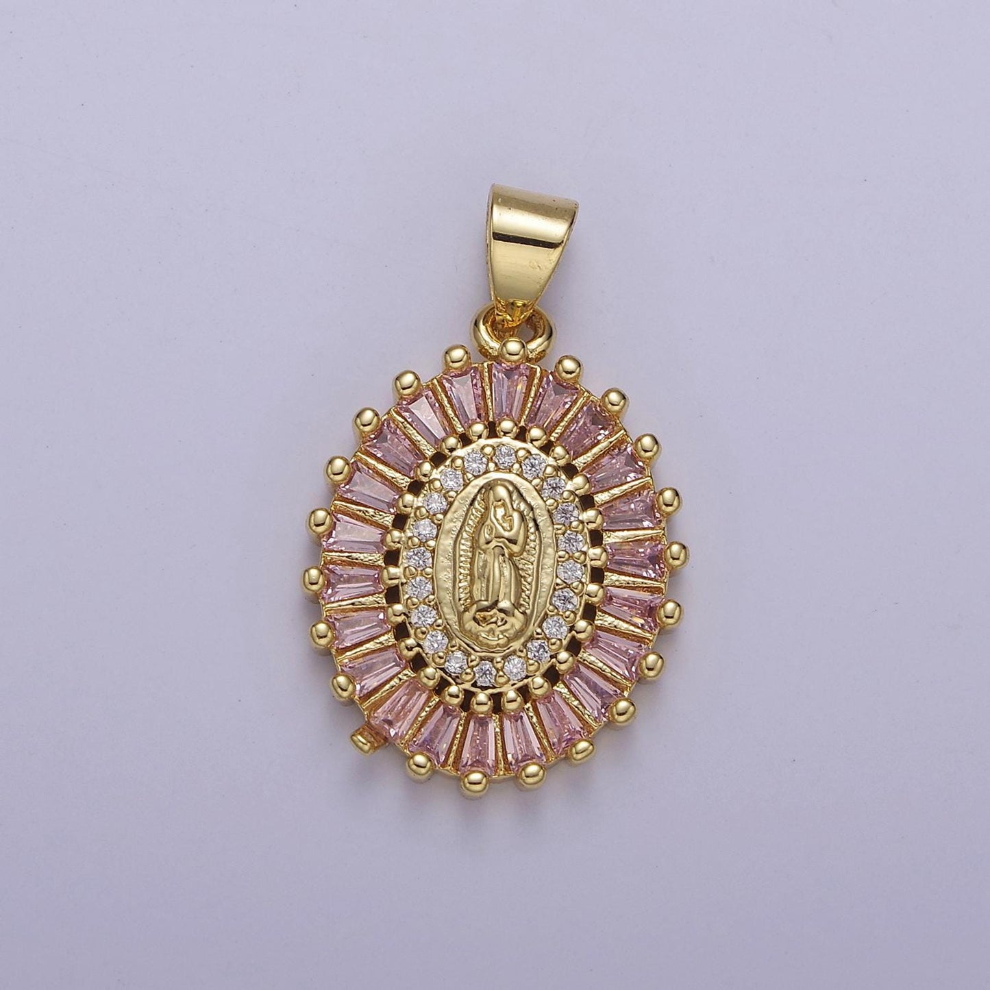24K Gold Filled Lady Guadalupe Charm Micro Pave Oval Virgin Mary Pendant for Religious Jewelry Making j-499