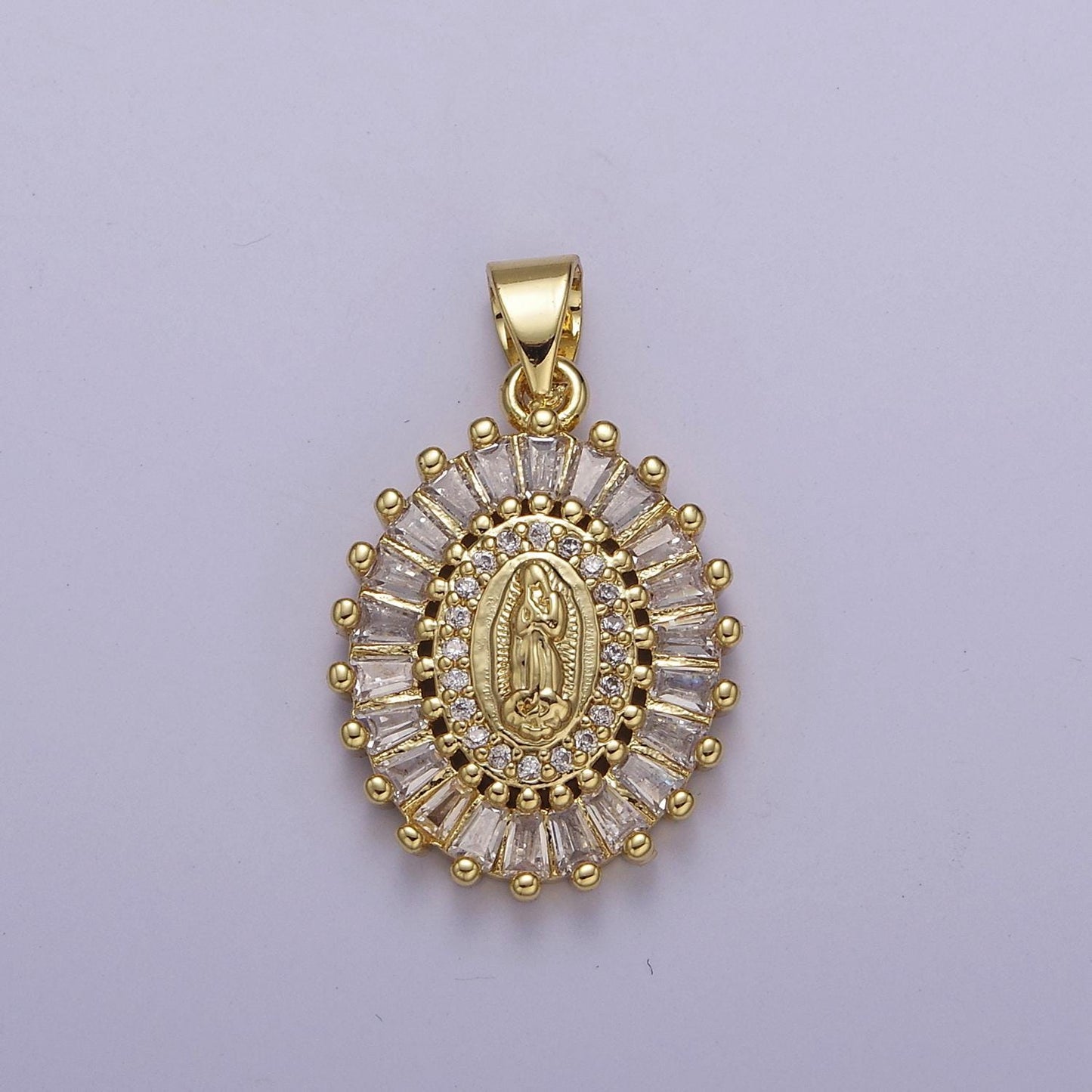 24K Gold Filled Lady Guadalupe Charm Micro Pave Oval Virgin Mary Pendant for Religious Jewelry Making j-499
