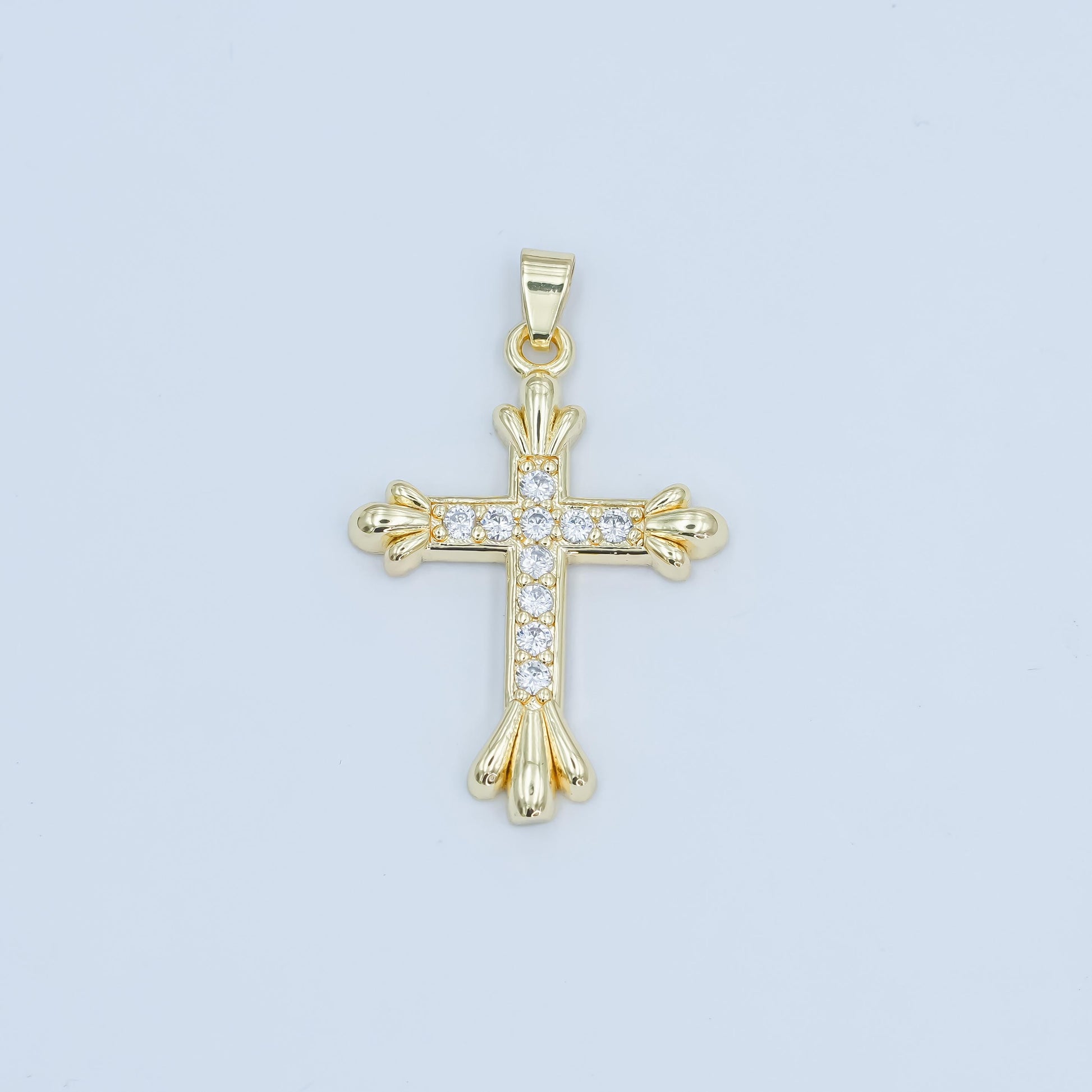 24K Gold Filled CZ Cross Pendant – Fleur-De-Lis Christian Charm with Sparkling Cubic Zirconia, Religious Statement Jewelry AA-1504