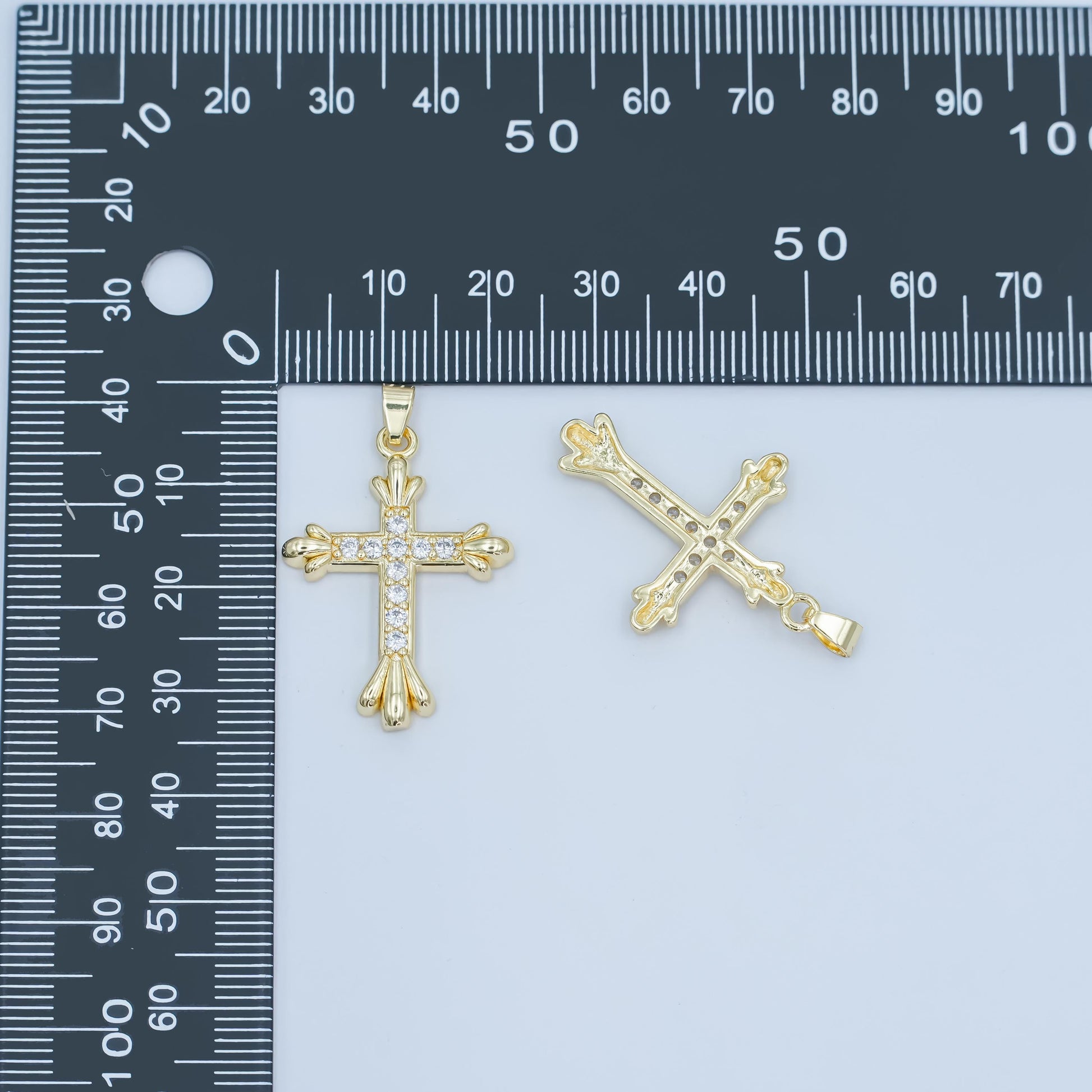 24K Gold Filled CZ Cross Pendant – Fleur-De-Lis Christian Charm with Sparkling Cubic Zirconia, Religious Statement Jewelry AA-1504