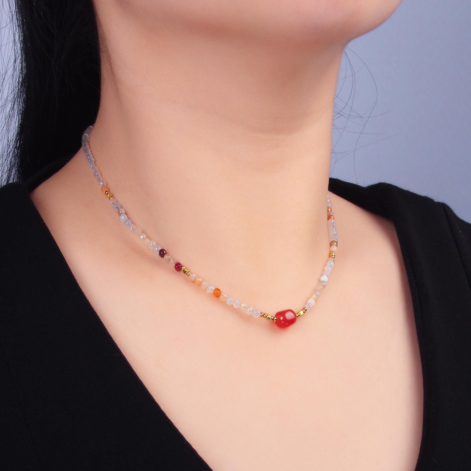 Dainty Red Carnelian Bead Necklace Mix Glass Beads Summer Necklace For Women- Boho Surfer Everyday Necklace WA-3109
