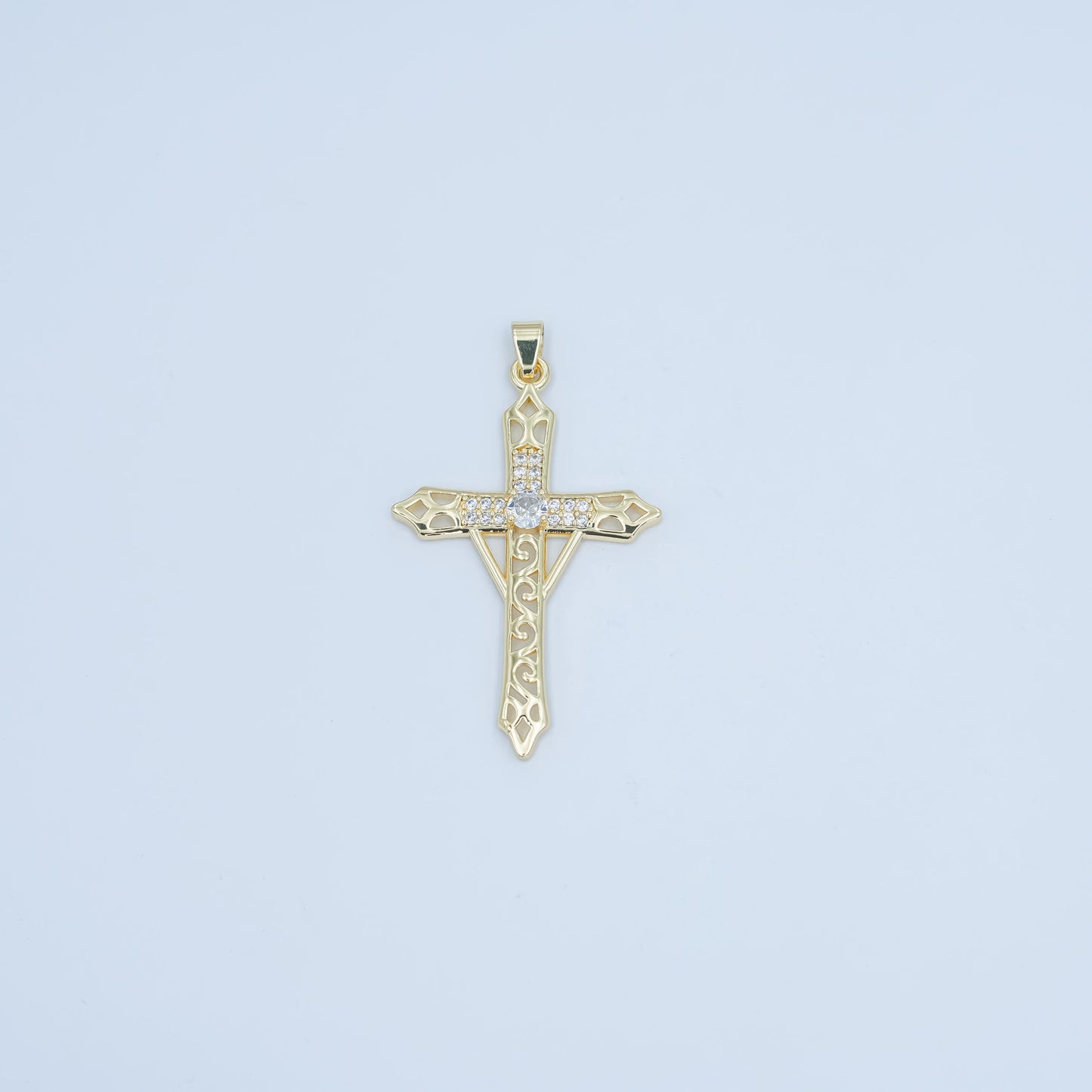 Gold Cross Pendant with CZ Accents – Filigree Design Religious Charm Necklace, 24K Gold Filled Religious Jewelry Making Supply AA-1505