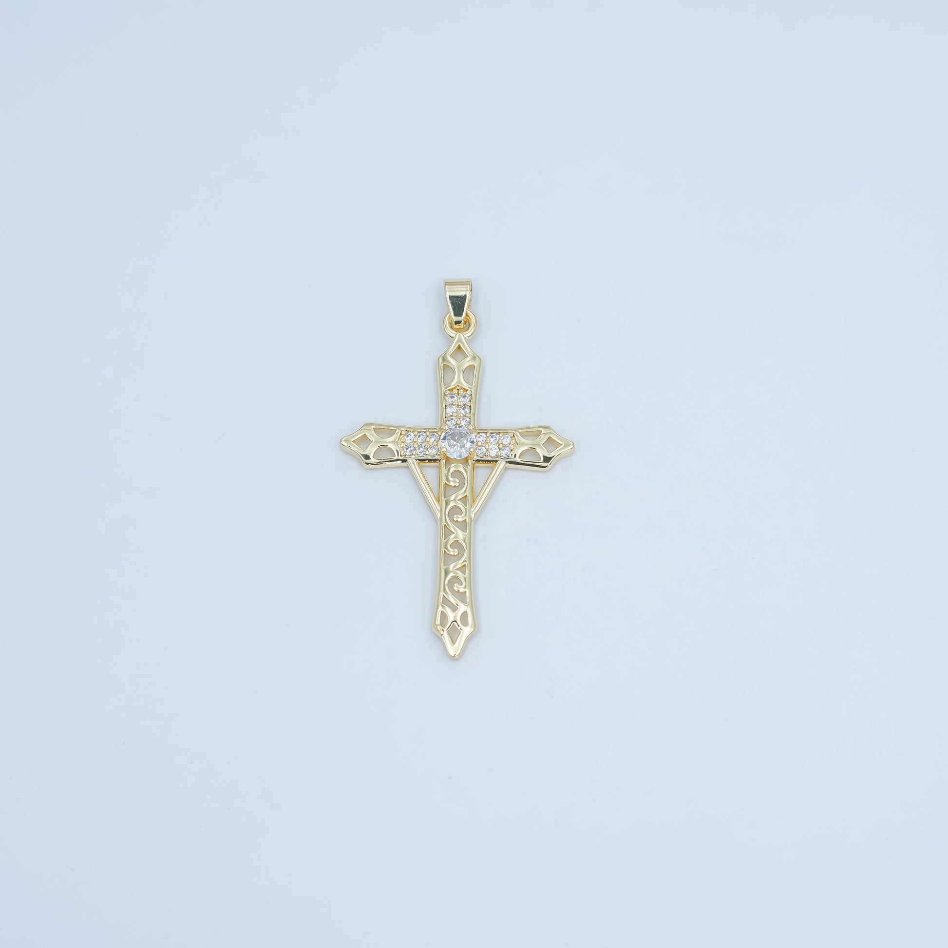 Gold Cross Pendant with CZ Accents – Filigree Design Religious Charm Necklace, 24K Gold Filled Religious Jewelry Making Supply AA-1505