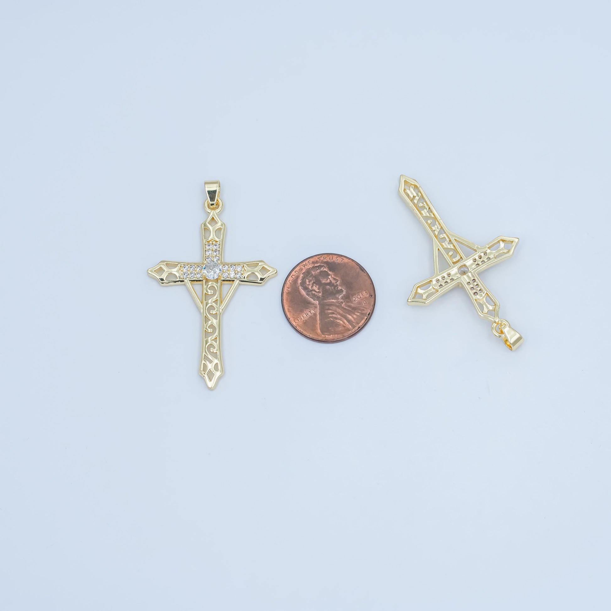Gold Cross Pendant with CZ Accents – Filigree Design Religious Charm Necklace, 24K Gold Filled Religious Jewelry Making Supply AA-1505