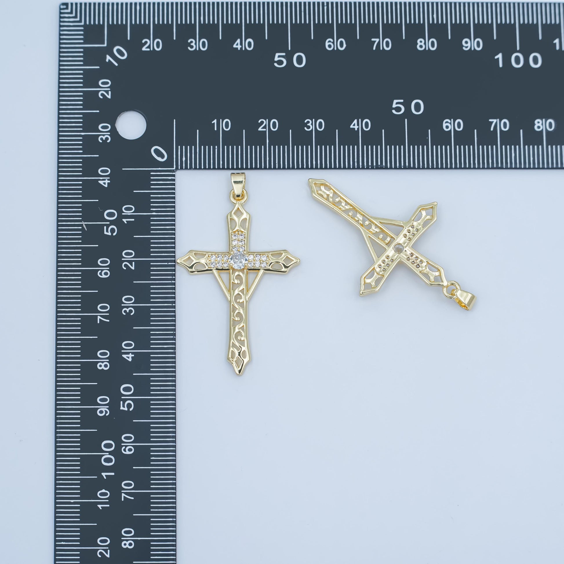 Gold Cross Pendant with CZ Accents – Filigree Design Religious Charm Necklace, 24K Gold Filled Religious Jewelry Making Supply AA-1505