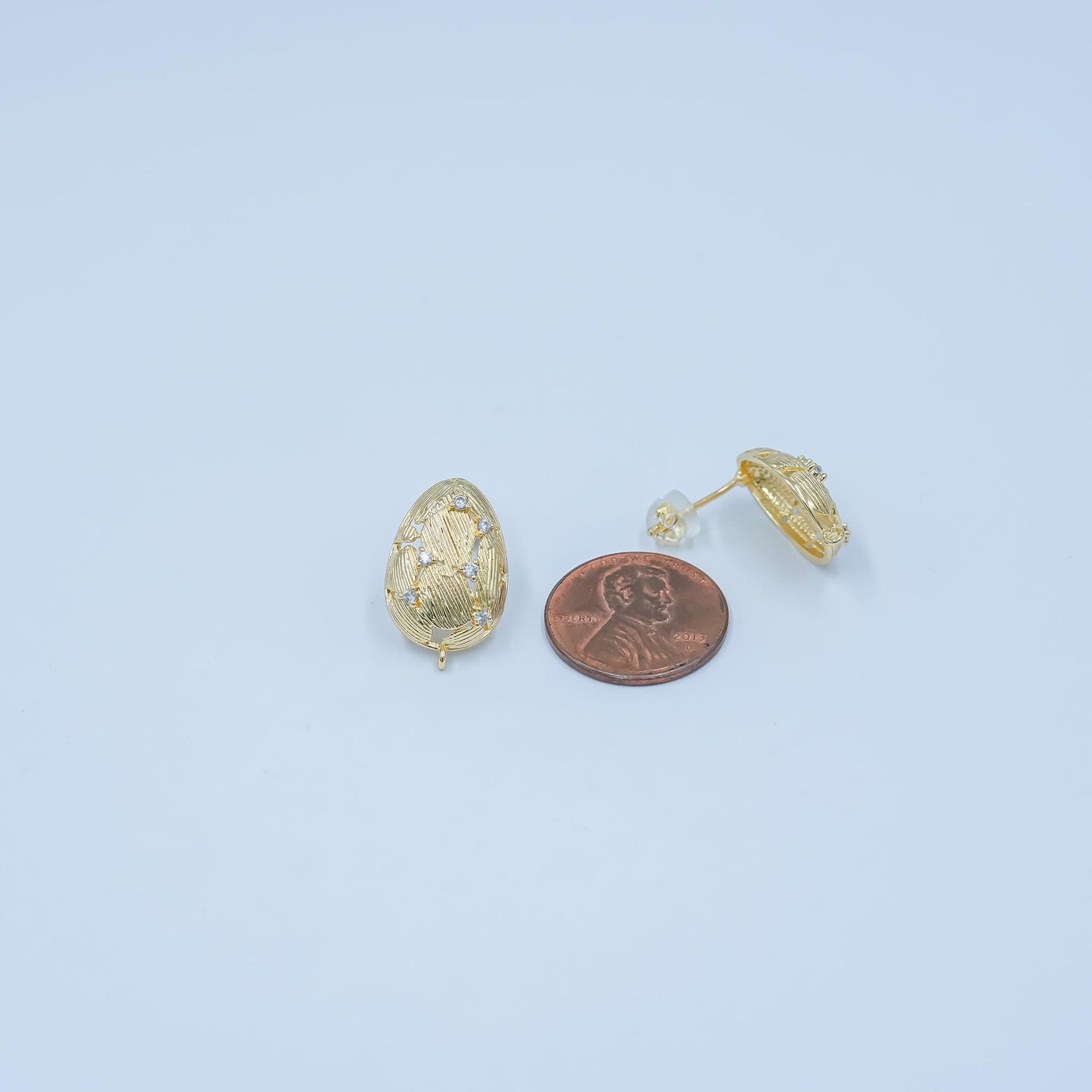 Textured Oval Gold Earring Post with Cubic Zirconia Accents 24K Gold Filled Teardrop Jewelry Finding for DIY Earrings Supply Z-1129