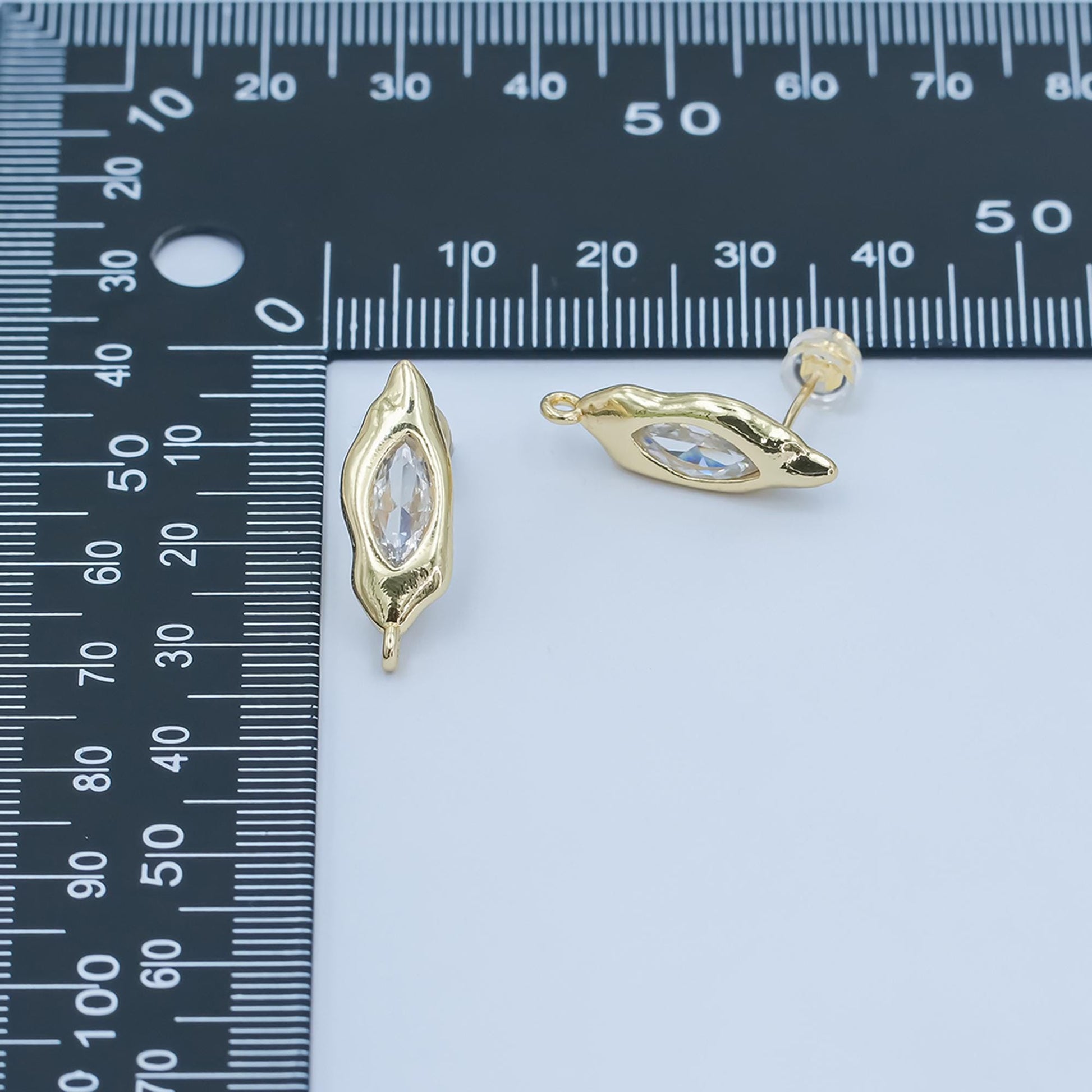 24K Gold Filled Abstract Oval Earring Posts with Clear Cz Stone Molten Eye Studs for DIY Jewelry Making Z-1134