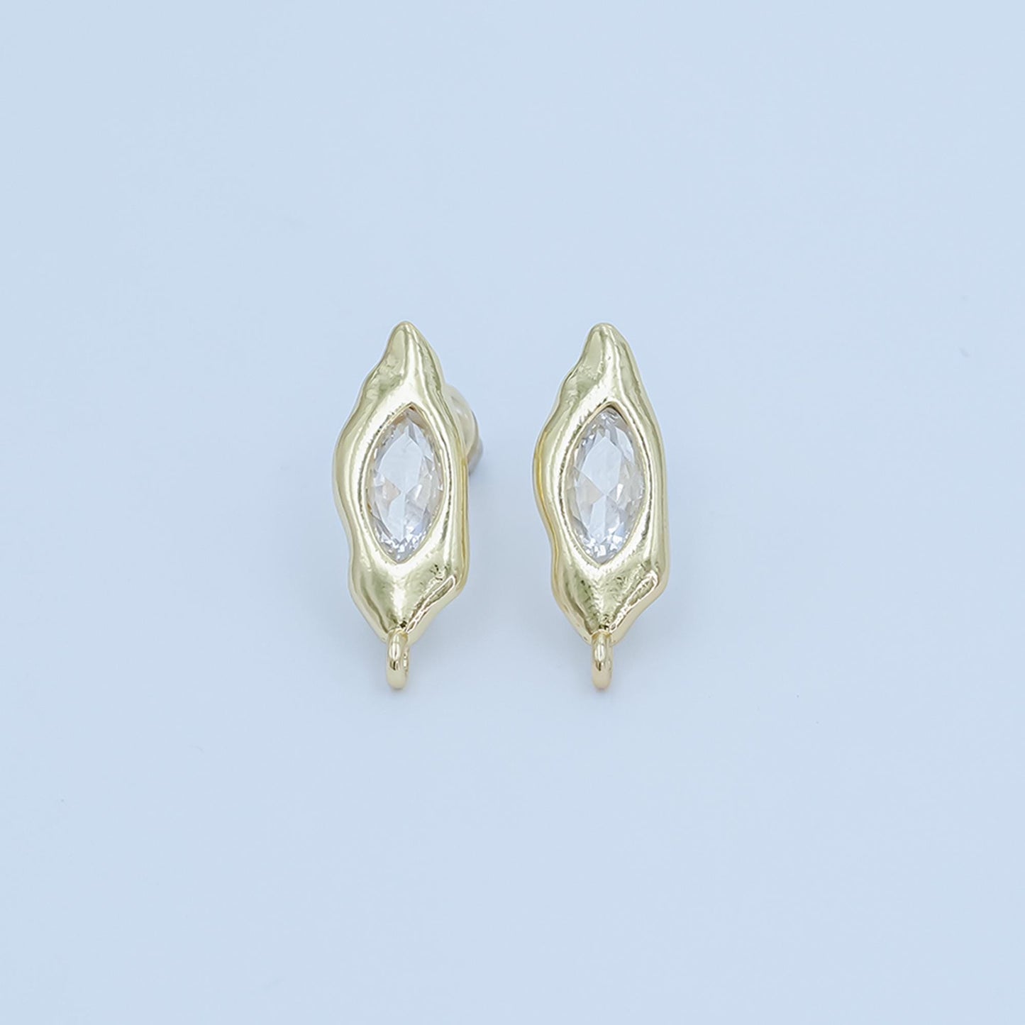 24K Gold Filled Abstract Oval Earring Posts with Clear Cz Stone Molten Eye Studs for DIY Jewelry Making Z-1134