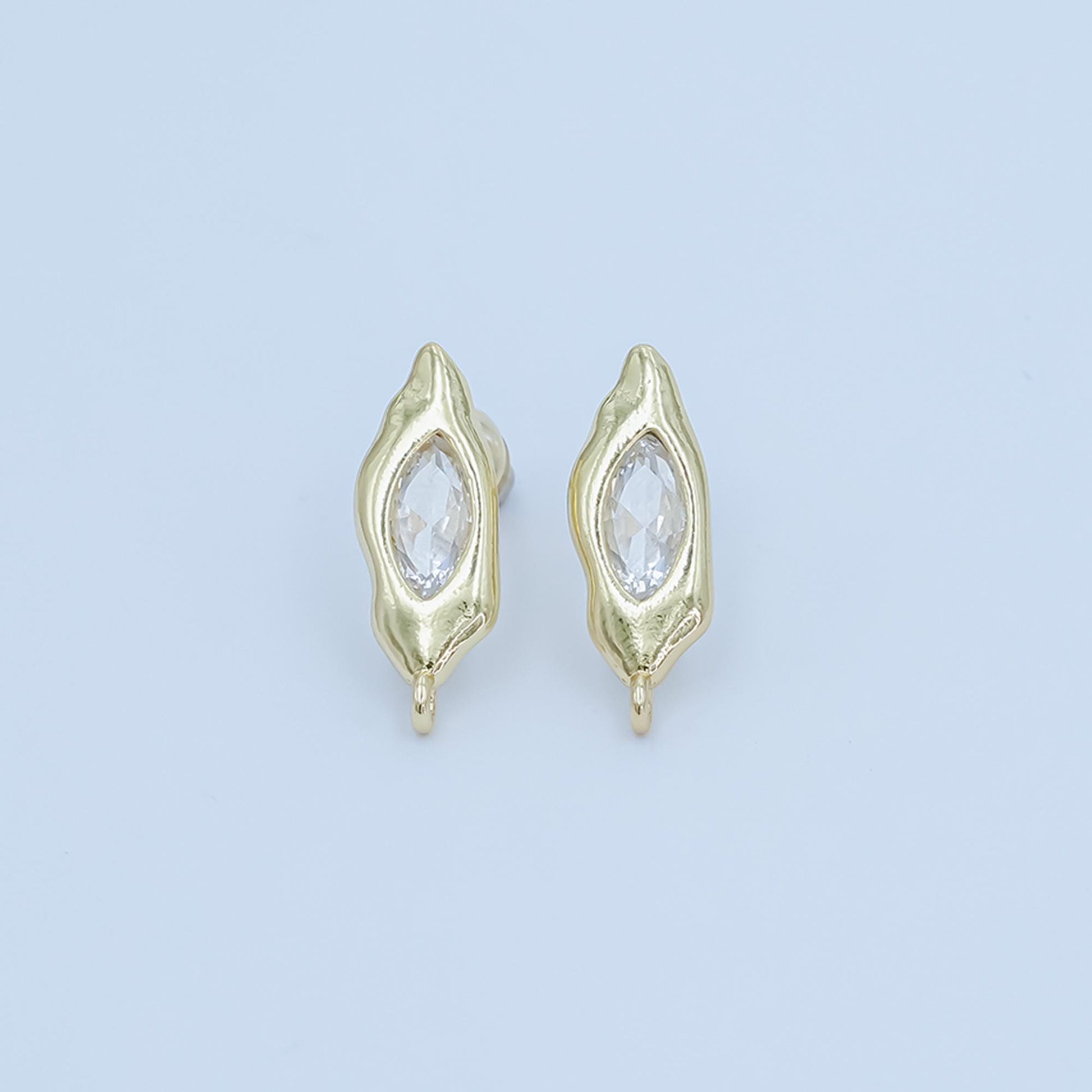 24K Gold Filled Abstract Oval Earring Posts with Clear Cz Stone Molten Eye Studs for DIY Jewelry Making Z-1134