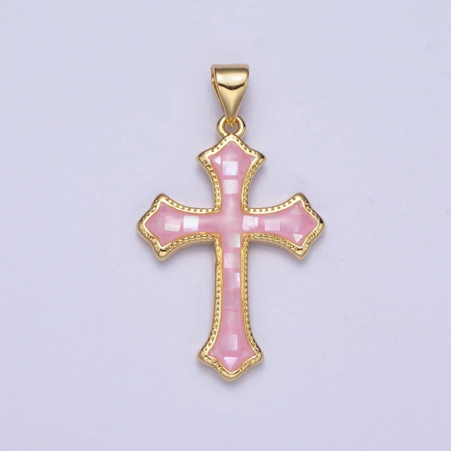 White, Pink, Blue Shell Opal Religious Passion Cross Gold Pendant H-395 H-416 H-433