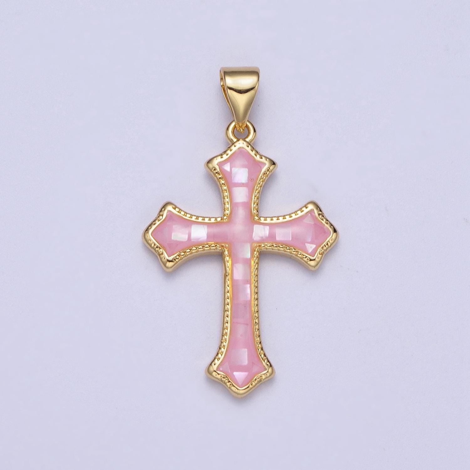 White, Pink, Blue Shell Opal Religious Passion Cross Gold Pendant H-395 H-416 H-433