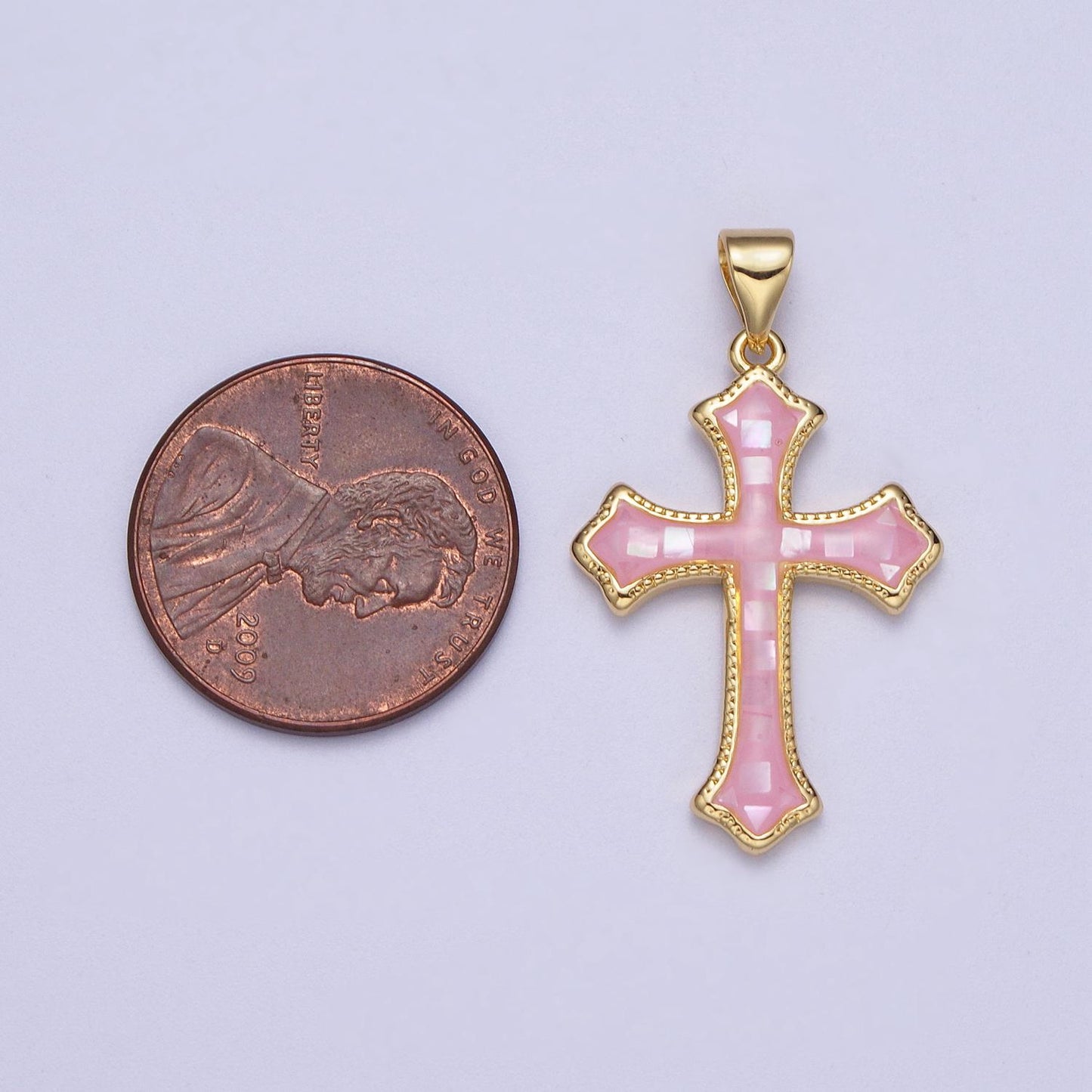 White, Pink, Blue Shell Opal Religious Passion Cross Gold Pendant H-395 H-416 H-433