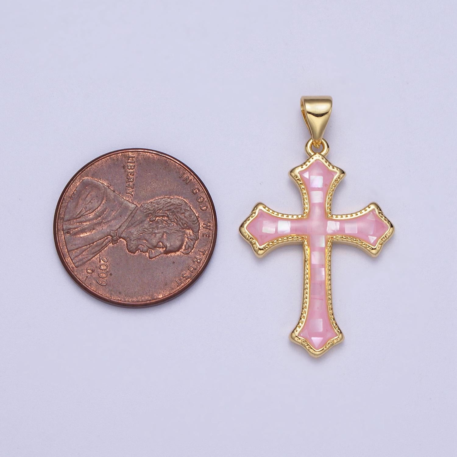 White, Pink, Blue Shell Opal Religious Passion Cross Gold Pendant H-395 H-416 H-433