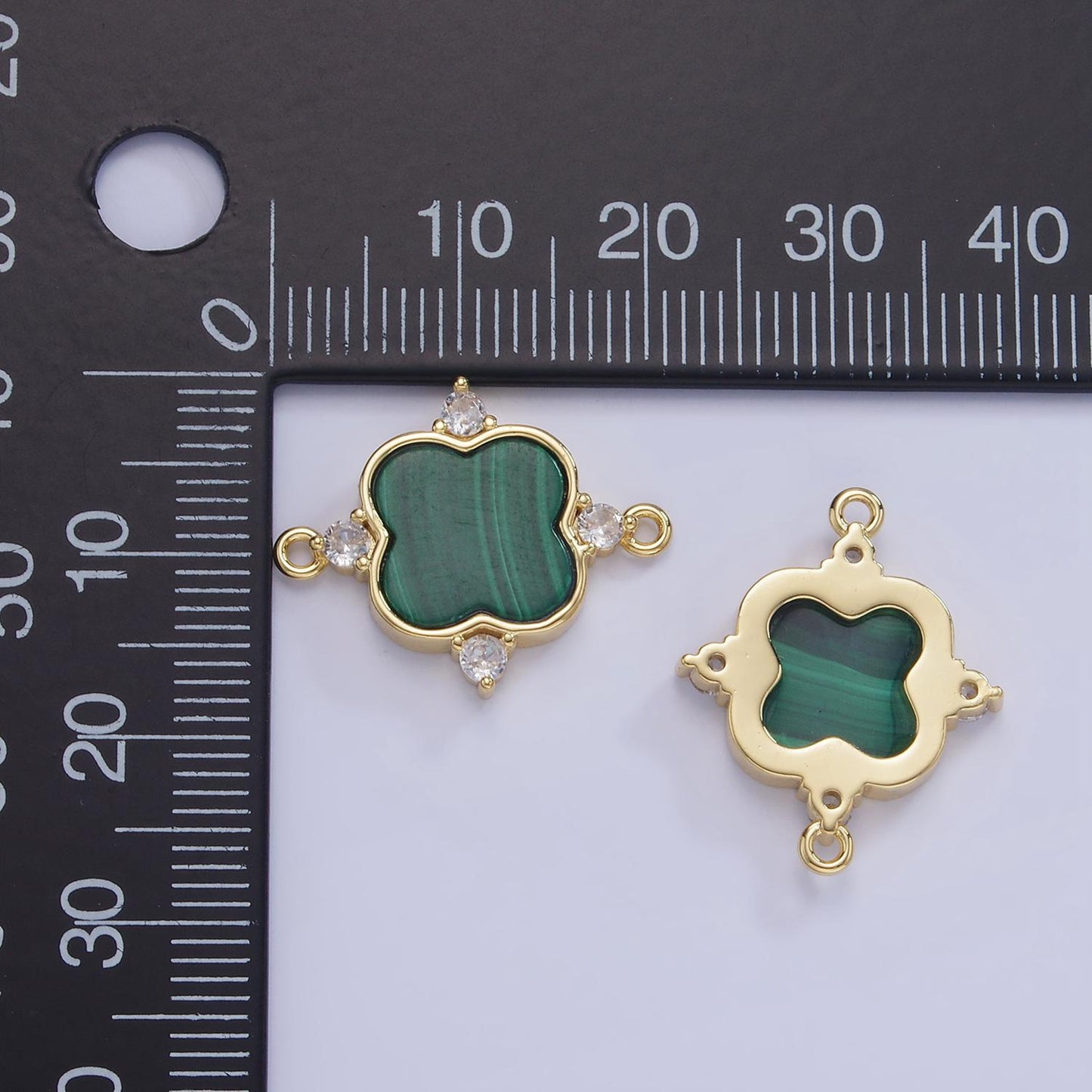 Dainty Clover bezel charm malachite charm connector for bracelet necklace earring link connector in 14k gold filled G323