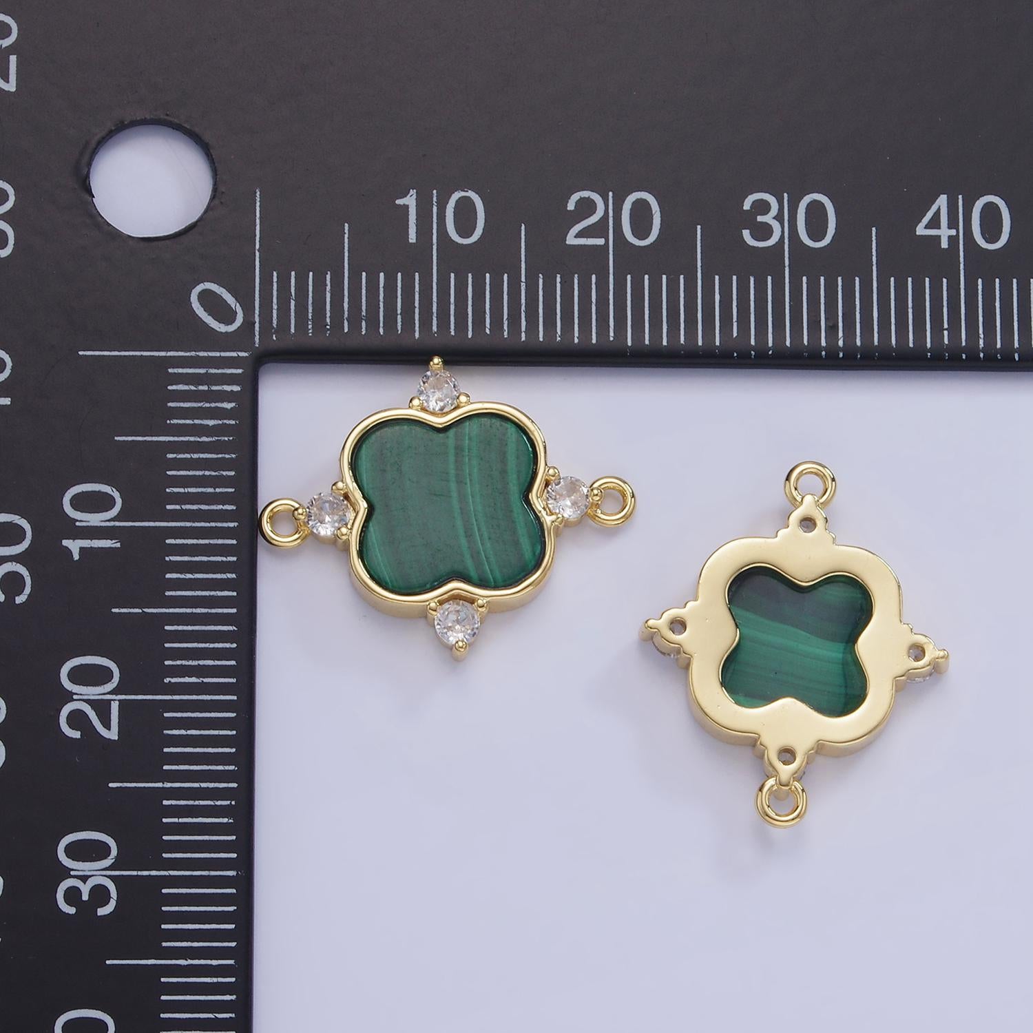 Dainty Clover bezel charm malachite charm connector for bracelet necklace earring link connector in 14k gold filled G323