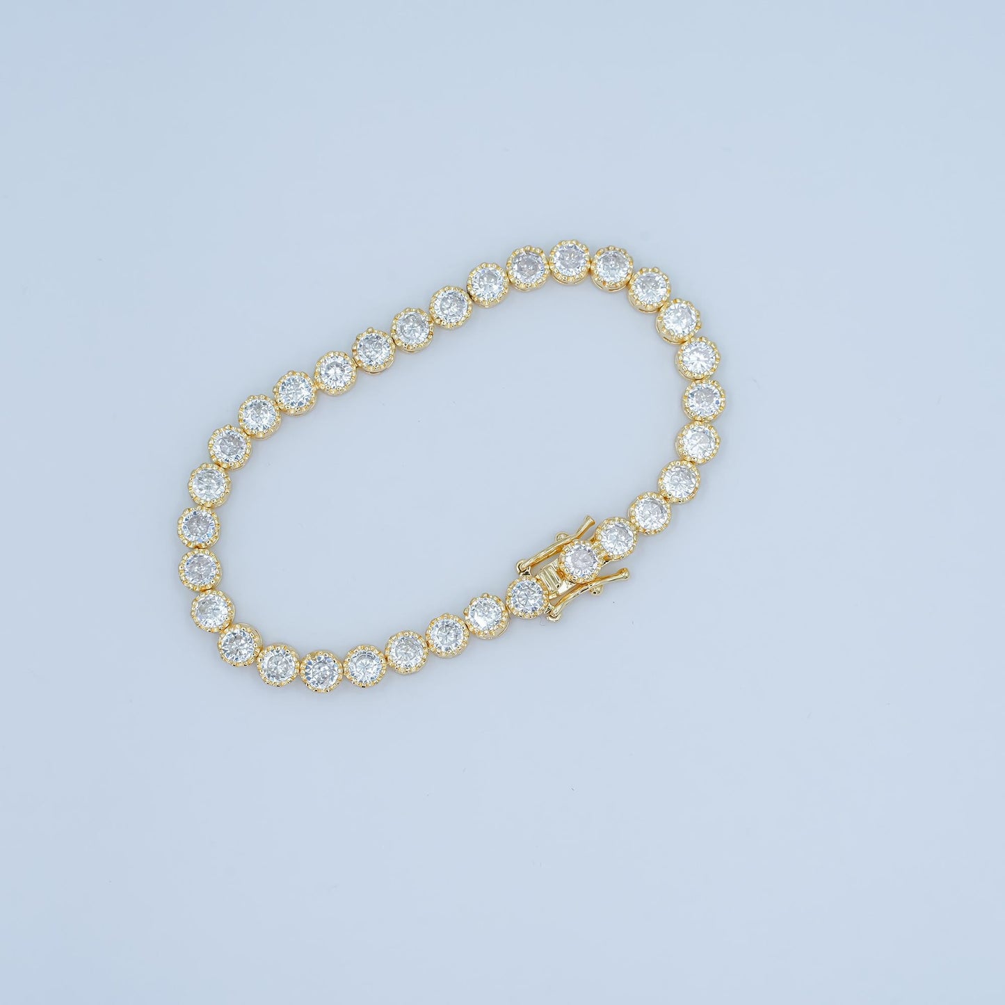 24K Gold Filled Round Tennis Chain Bracelet Clear Crystal Zirconia CZ Tennis Chain 6.88 inch WA-3053