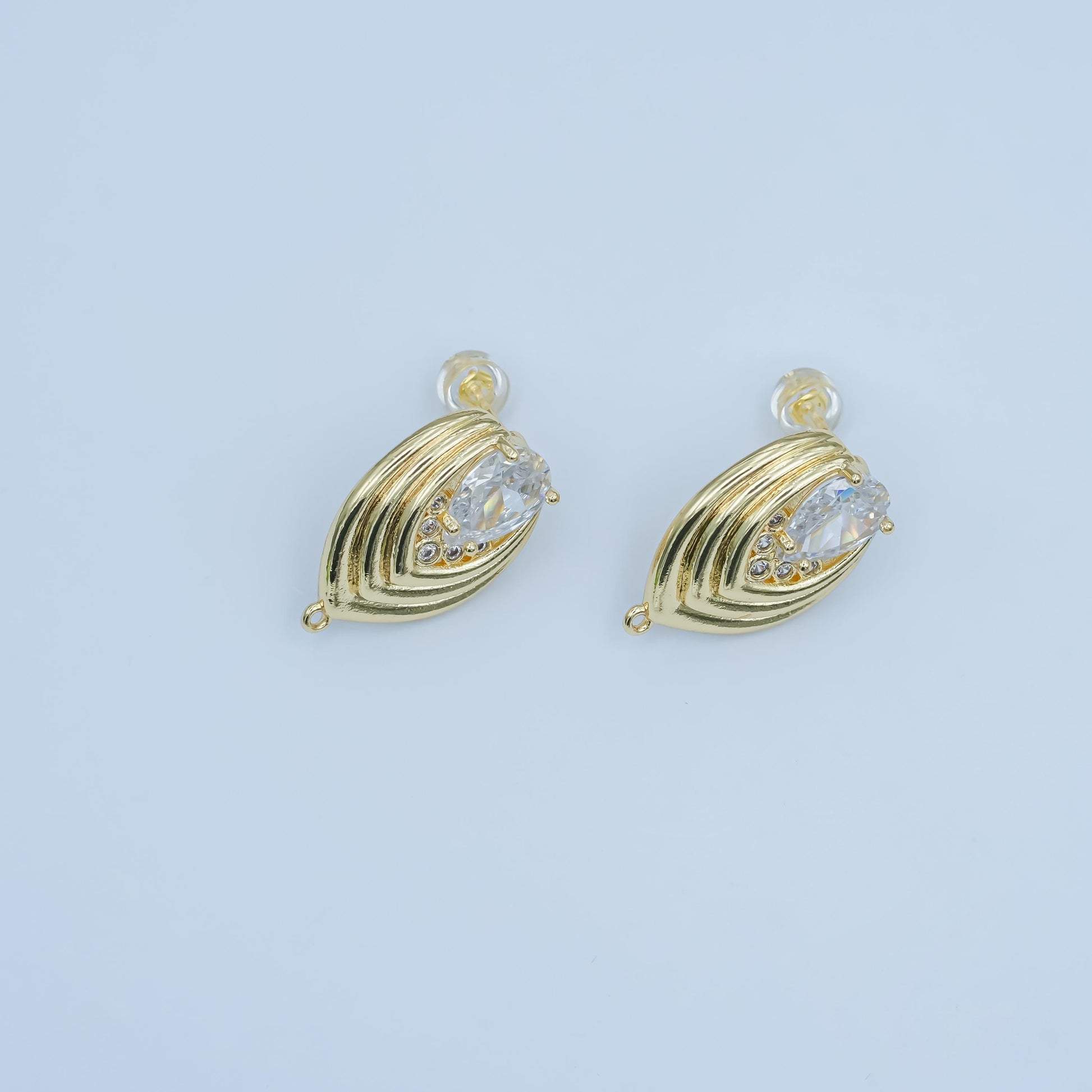24K Gold Filled Abstract Layer Oval Earring Posts with Clear Cz Stone Molten Eye Studs for DIY Jewelry Making Z-1148
