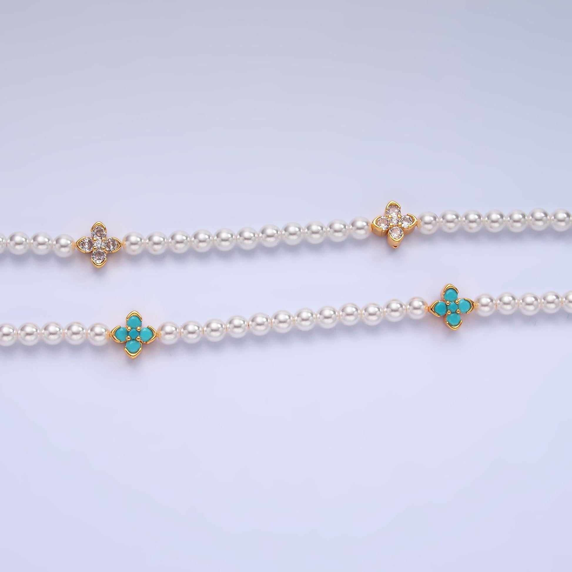 Handmade White Shell Pearl Necklace with CZ Flower 16.7 inch + 2 inch extender for Layering minimalist Jewelry Making Supply WA3072