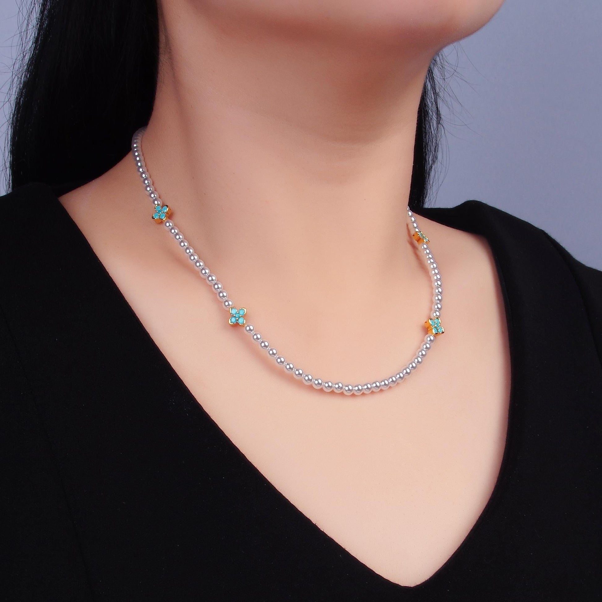 Handmade White Shell Pearl Necklace with CZ Flower 16.7 inch + 2 inch extender for Layering minimalist Jewelry Making Supply WA3072