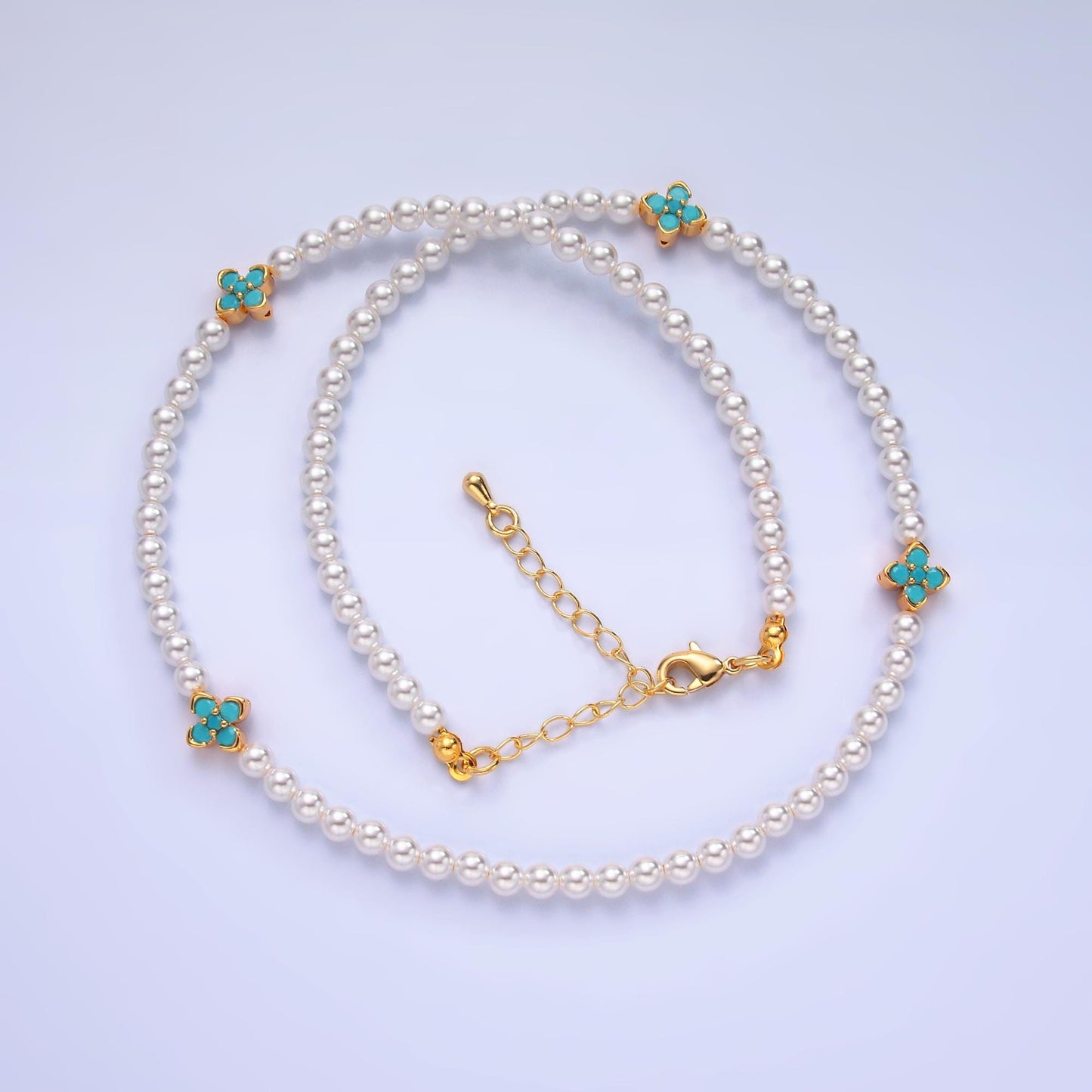 Handmade White Shell Pearl Necklace with CZ Flower 16.7 inch + 2 inch extender for Layering minimalist Jewelry Making Supply WA3072