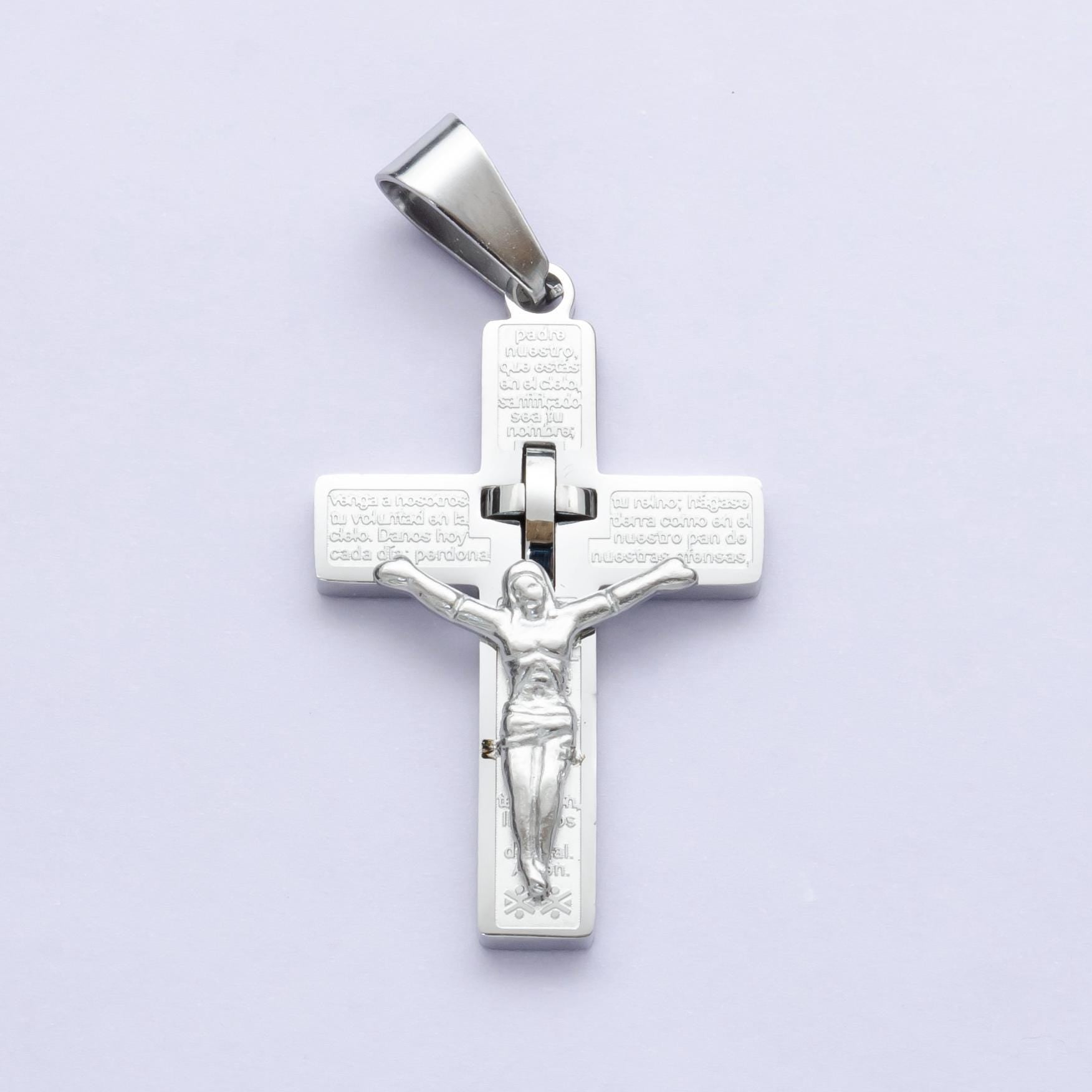 PVD Gold Stainless Steel Crucifix Pendant Lord Prayer in Spanish Jesus on Cross Necklace Religious Jewelry for Men Catholic Christian P1071