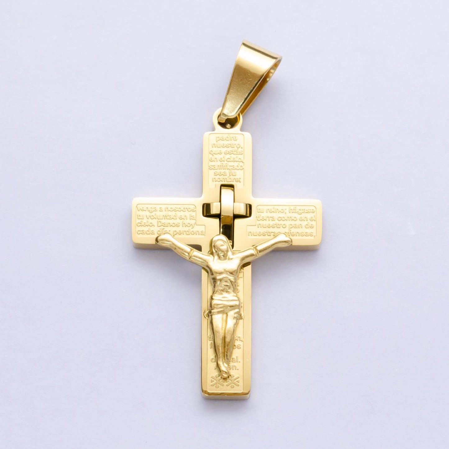 PVD Gold Stainless Steel Crucifix Pendant Lord Prayer in Spanish Jesus on Cross Necklace Religious Jewelry for Men Catholic Christian P1071