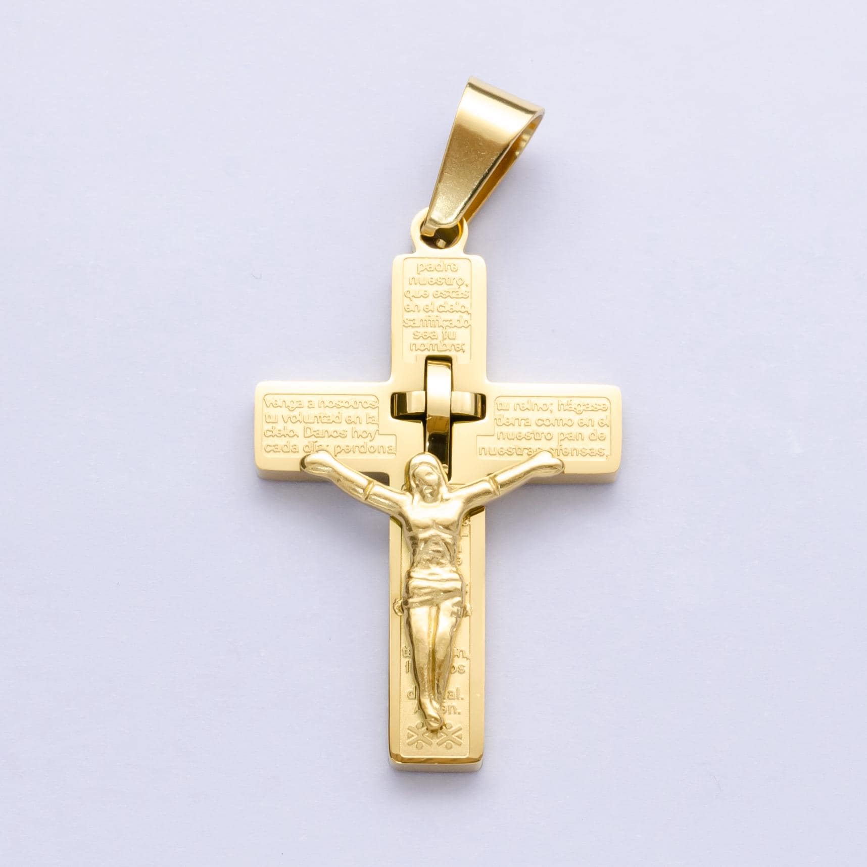 PVD Gold Stainless Steel Crucifix Pendant Lord Prayer in Spanish Jesus on Cross Necklace Religious Jewelry for Men Catholic Christian P1071