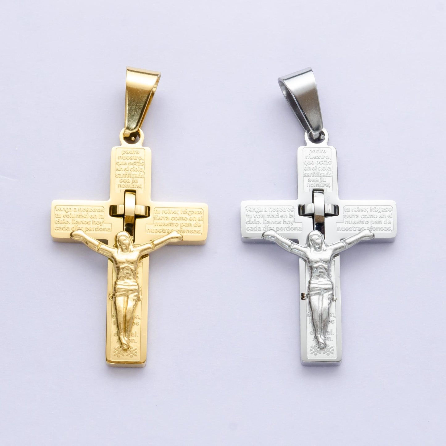 PVD Gold Stainless Steel Crucifix Pendant Lord Prayer in Spanish Jesus on Cross Necklace Religious Jewelry for Men Catholic Christian P1071