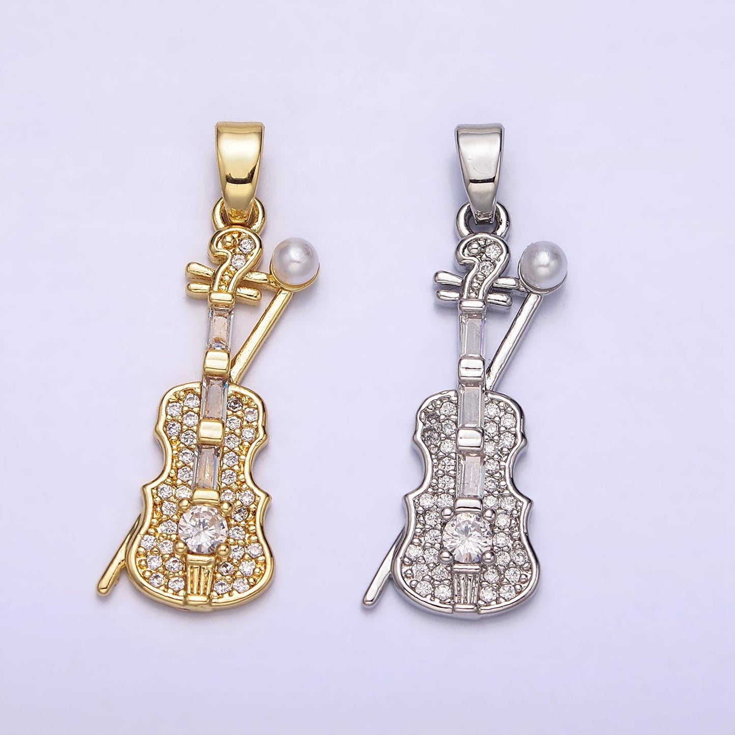 14k gold filled violin music instrument pearl clear baguette micro paved cz pendant | n1458
