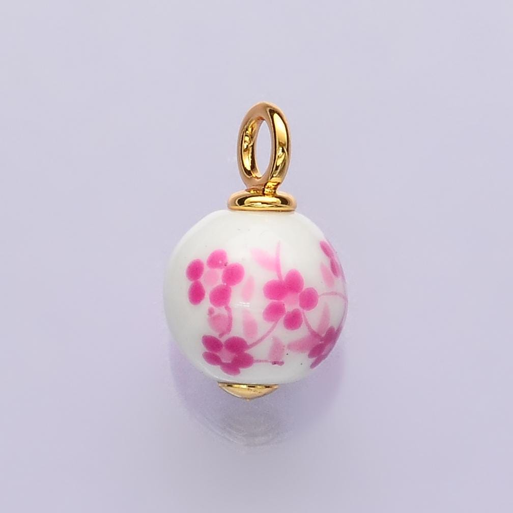 Dainty round ceramic charm handmade Pink Cherry Blossom painting porcelain vintage charm for necklace bracelet jewelry making supply C-671