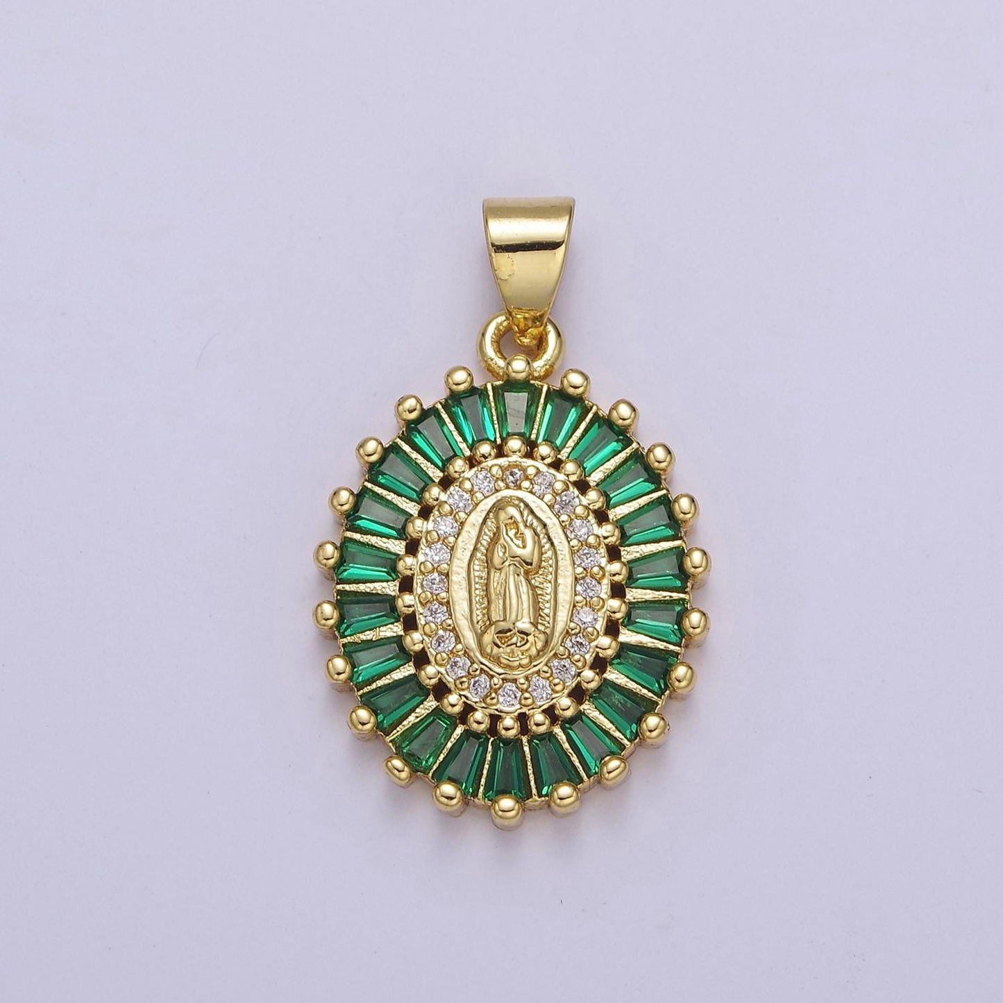 24K Gold Filled Lady Guadalupe Charm Micro Pave Oval Virgin Mary Pendant for Religious Jewelry Making j-499