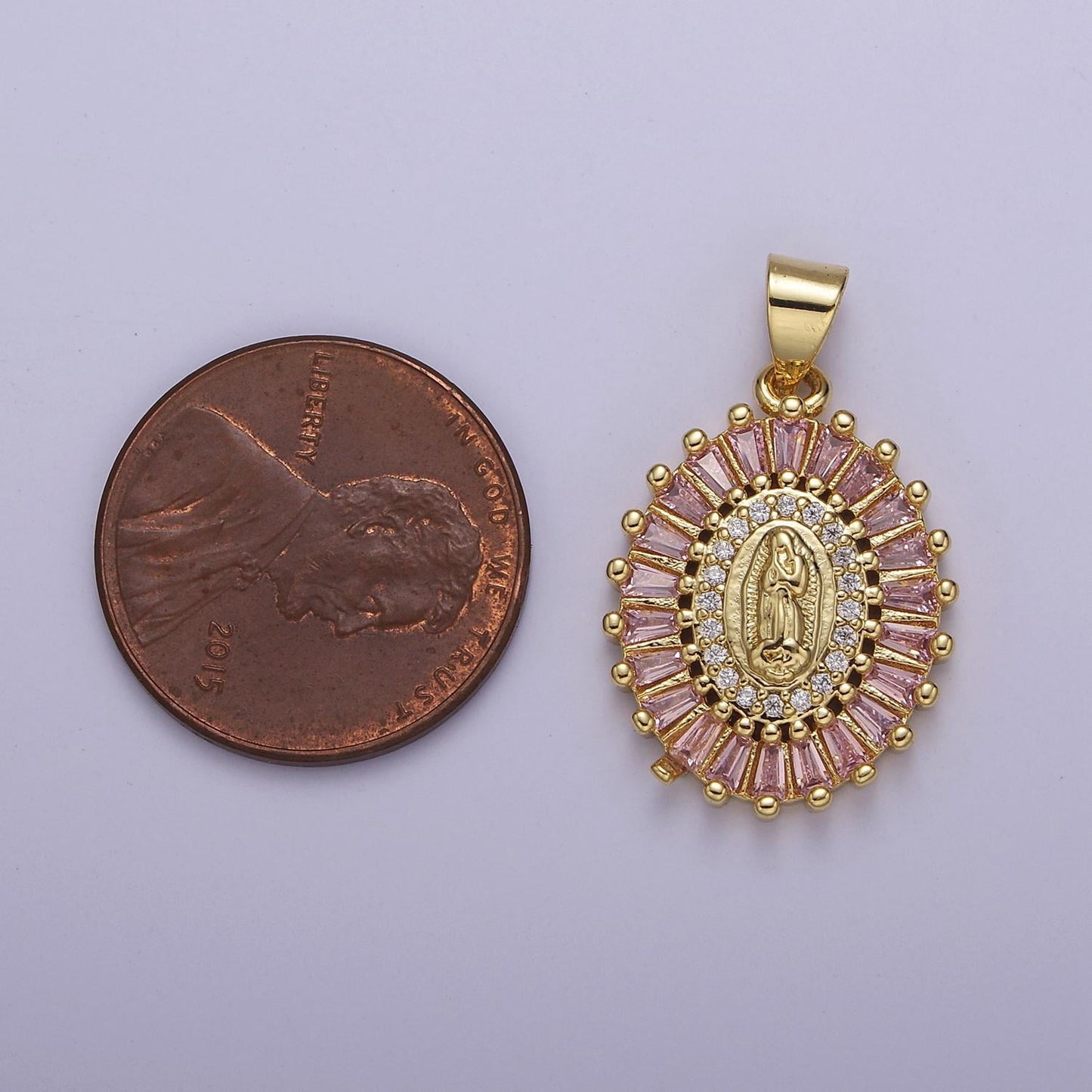 24K Gold Filled Lady Guadalupe Charm Micro Pave Oval Virgin Mary Pendant for Religious Jewelry Making j-499