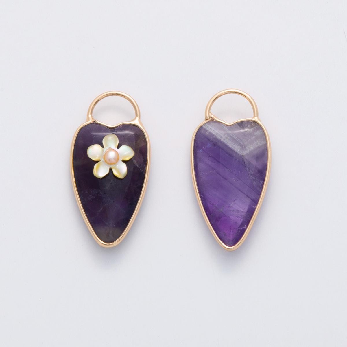 18K Gold Filled 35mm Pearl Flower Purple Amethyst Heart Padlock Charm | D854