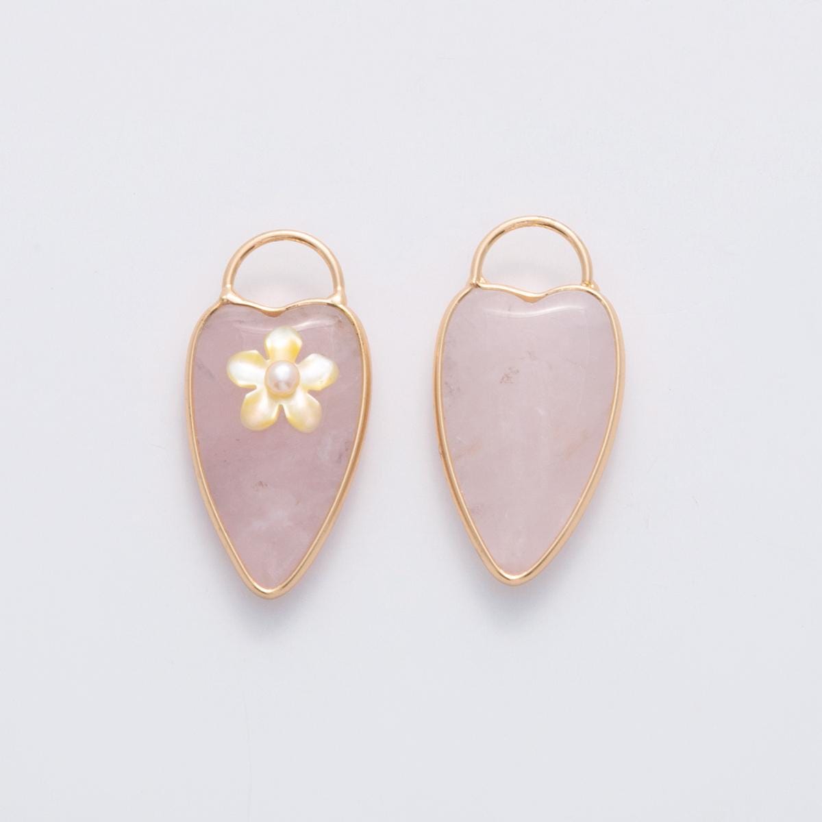 18K Gold Filled 35mm Pearl Flower Rose Quartz Heart Padlock Charm | D719