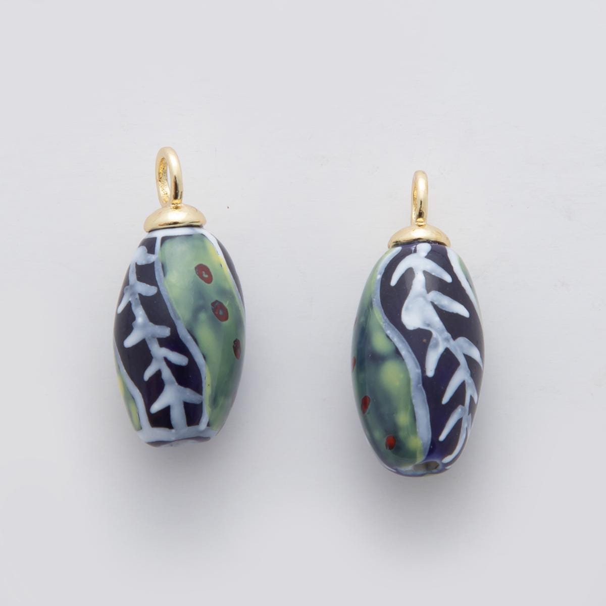 18K Gold Filled Doodle Green Vine Seed Ceramic Drop Pendant Hand painted Charm | X483