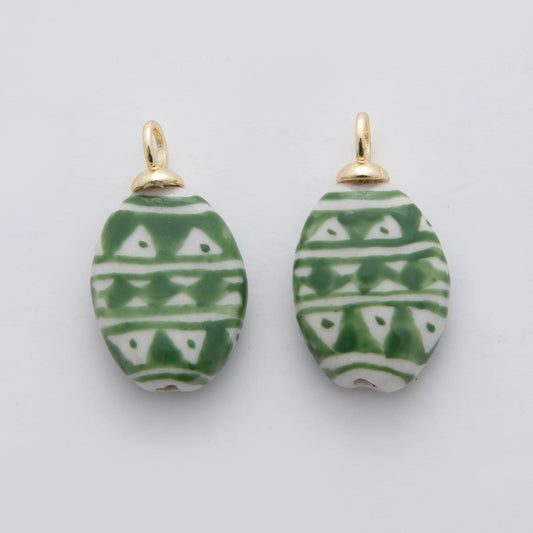 Dainty Oval Egg ceramic charm handmade Green Tribal painting ceramic porcelain vintage charm for necklace bracelet jewelry making X637