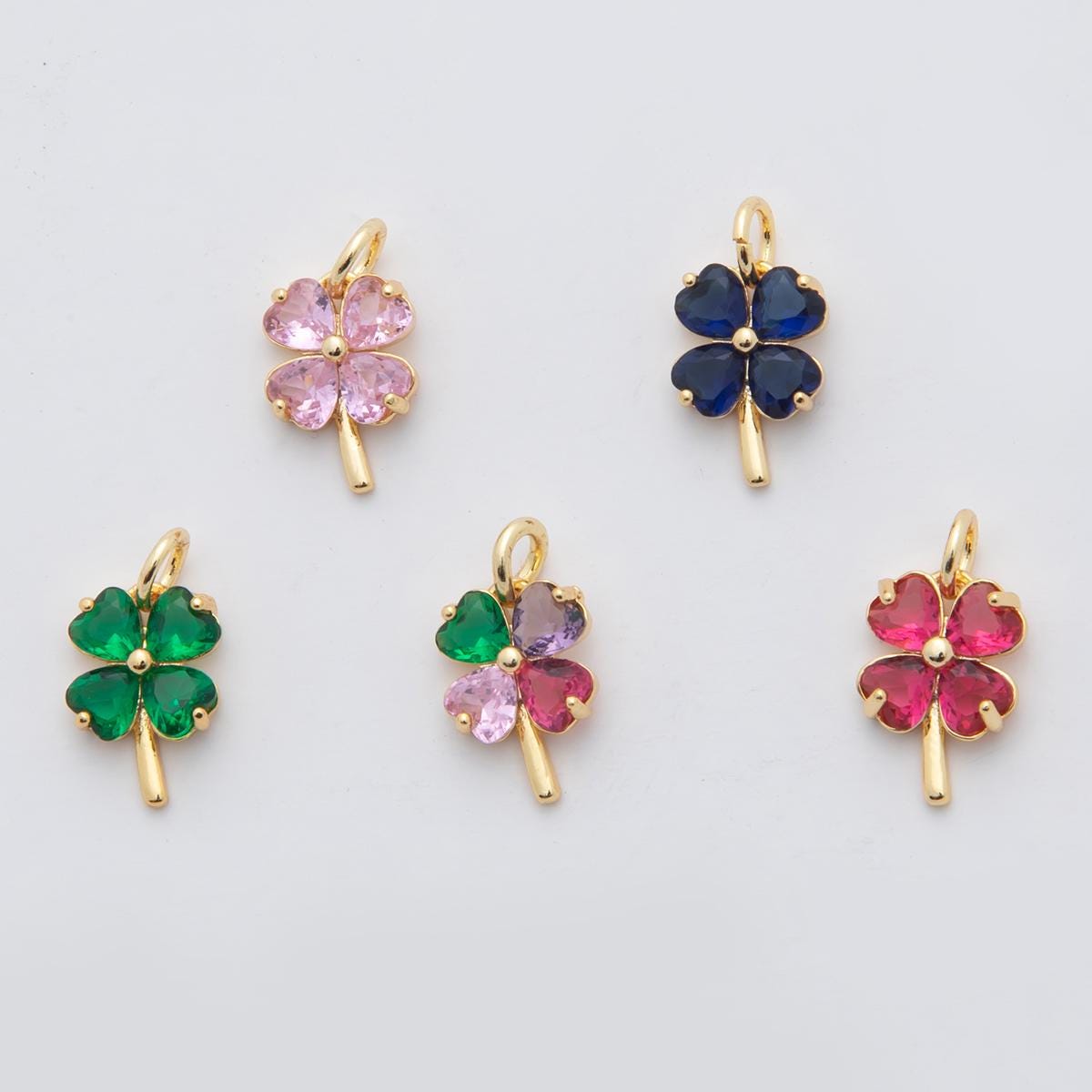 18K Gold Filled Multicolor, Pink, Blue, Green, Fuchsia CZ Clover Charm for Lucky Jewelry Pendant | X332 - X477