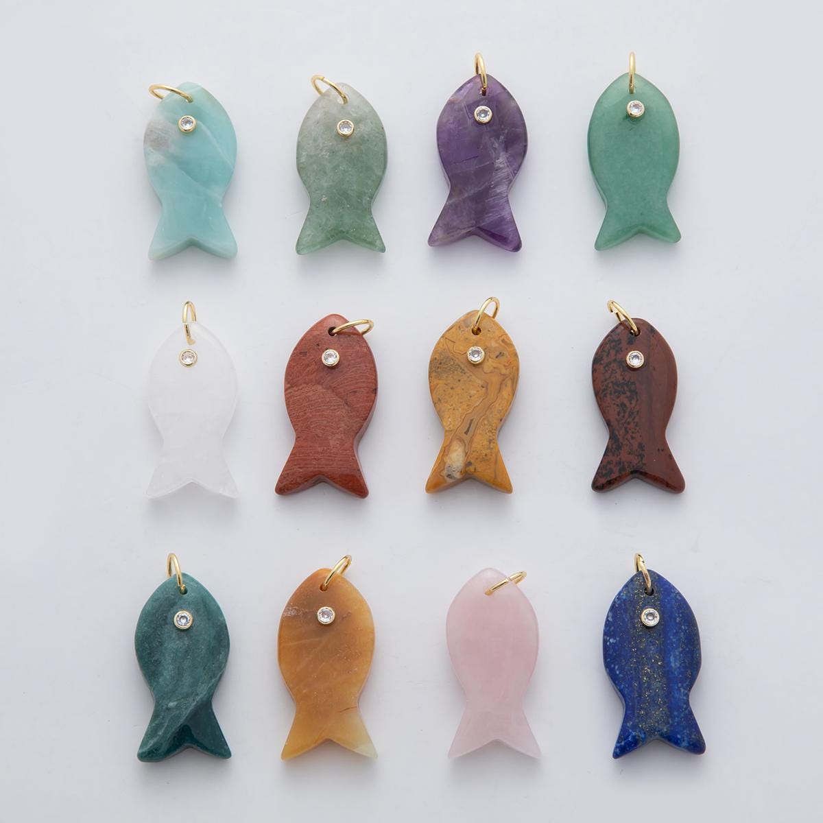Big Gemstone Fish Pendant Natural Stone Fish Charm for Necklace Bracelet Jewelry Making Supply 18k Gold Filled Charm D265