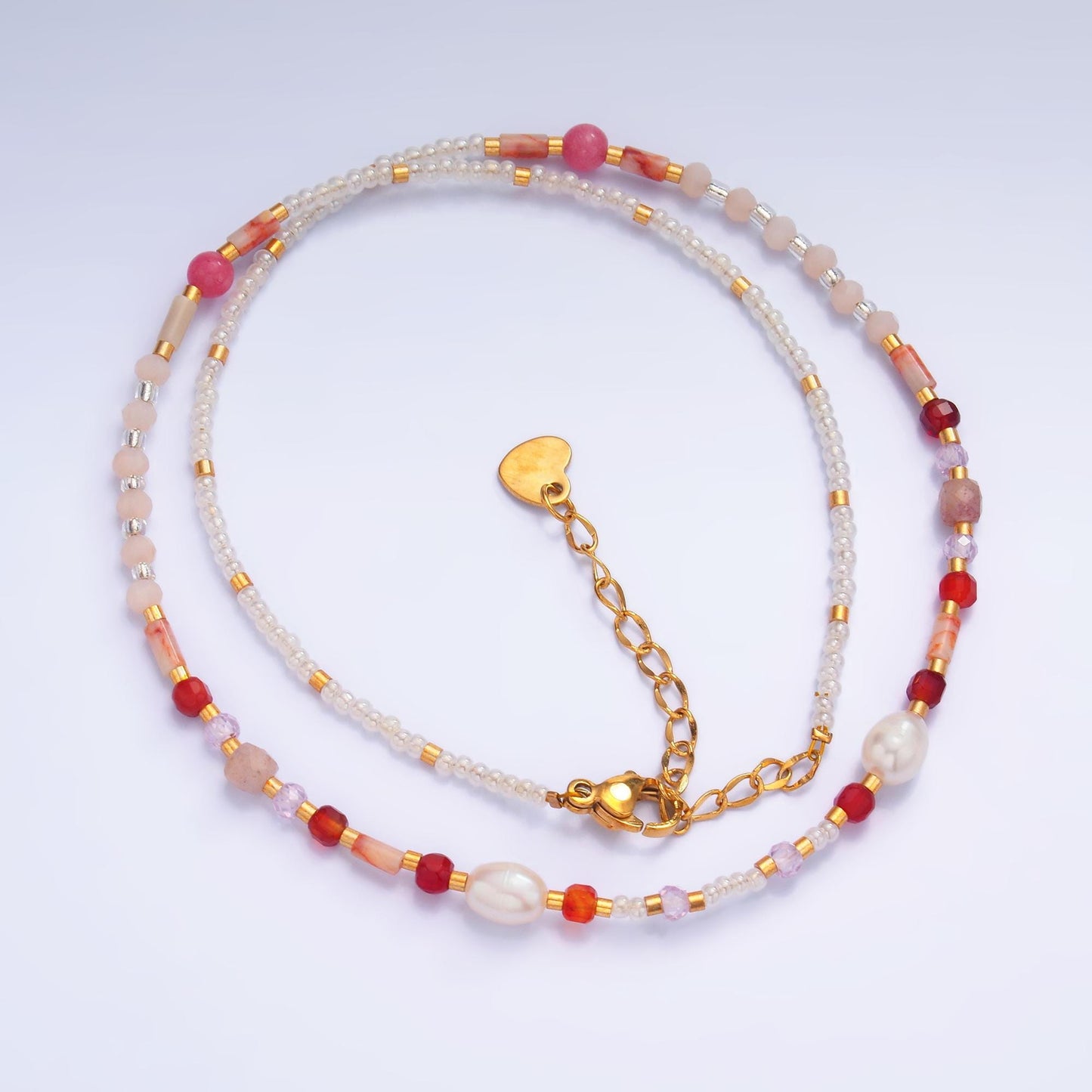 Handmade Colorful Beaded Pearl Necklace – Layered Glass Seed Beads with Freshwater Pearls & Gold Heart Charm, Handmade Boho Jewelry WA-3099