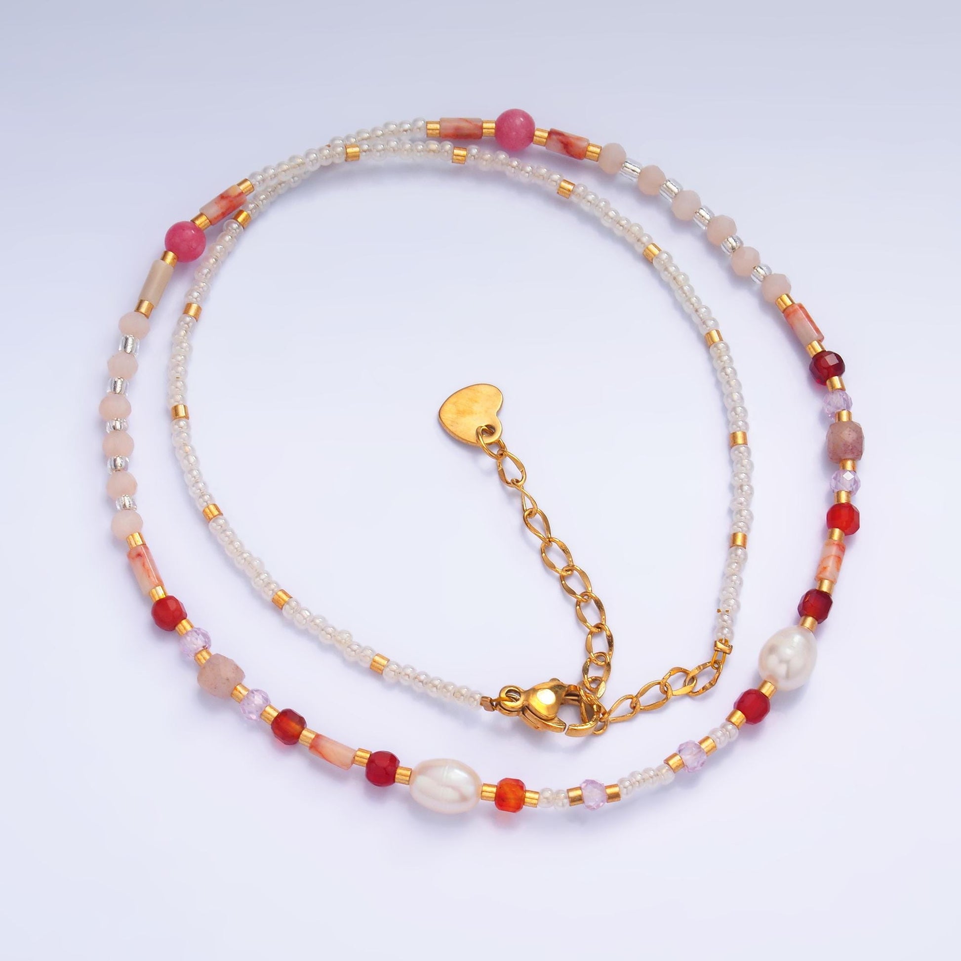 Handmade Colorful Beaded Pearl Necklace – Layered Glass Seed Beads with Freshwater Pearls & Gold Heart Charm, Handmade Boho Jewelry WA-3099