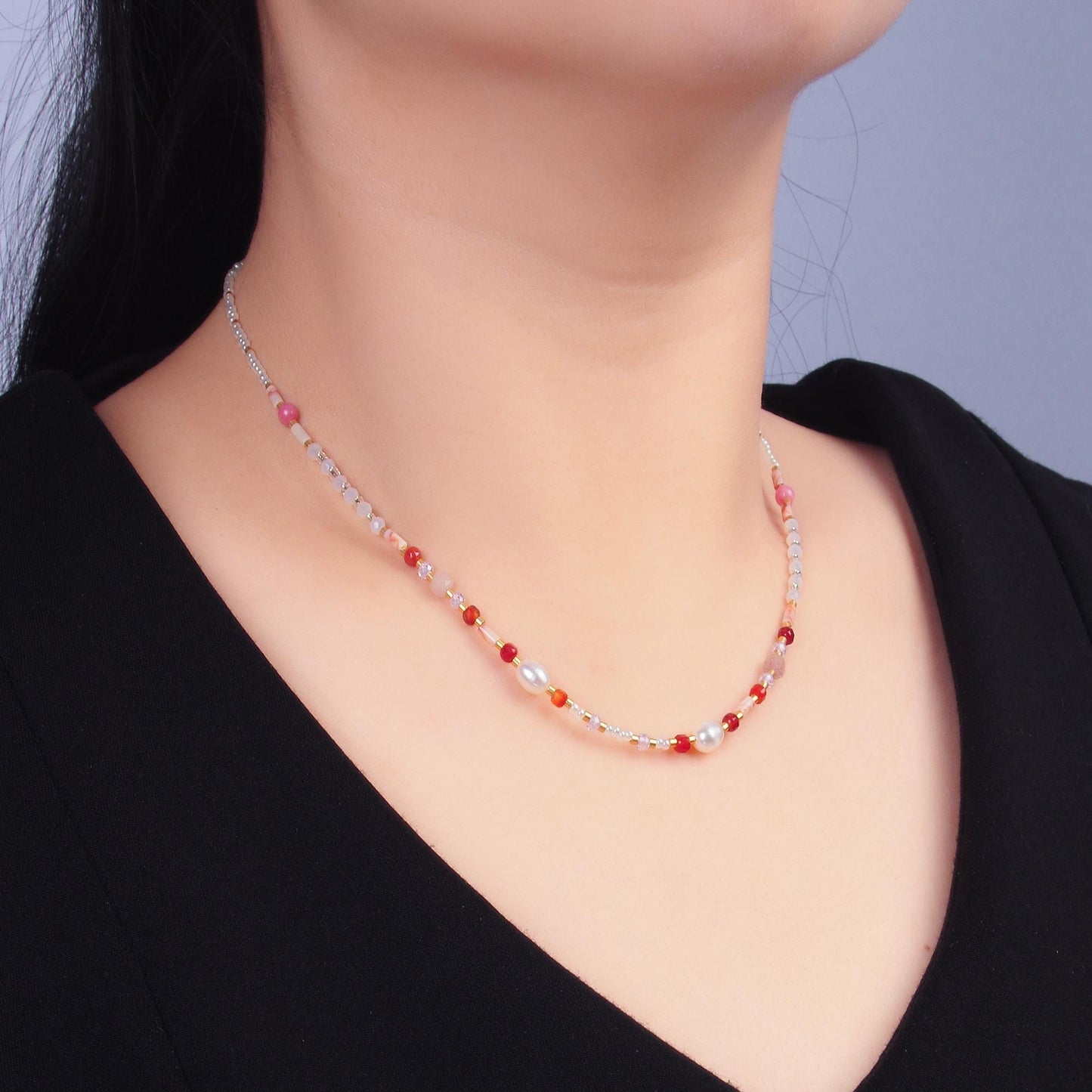 Handmade Colorful Beaded Pearl Necklace – Layered Glass Seed Beads with Freshwater Pearls & Gold Heart Charm, Handmade Boho Jewelry WA-3099