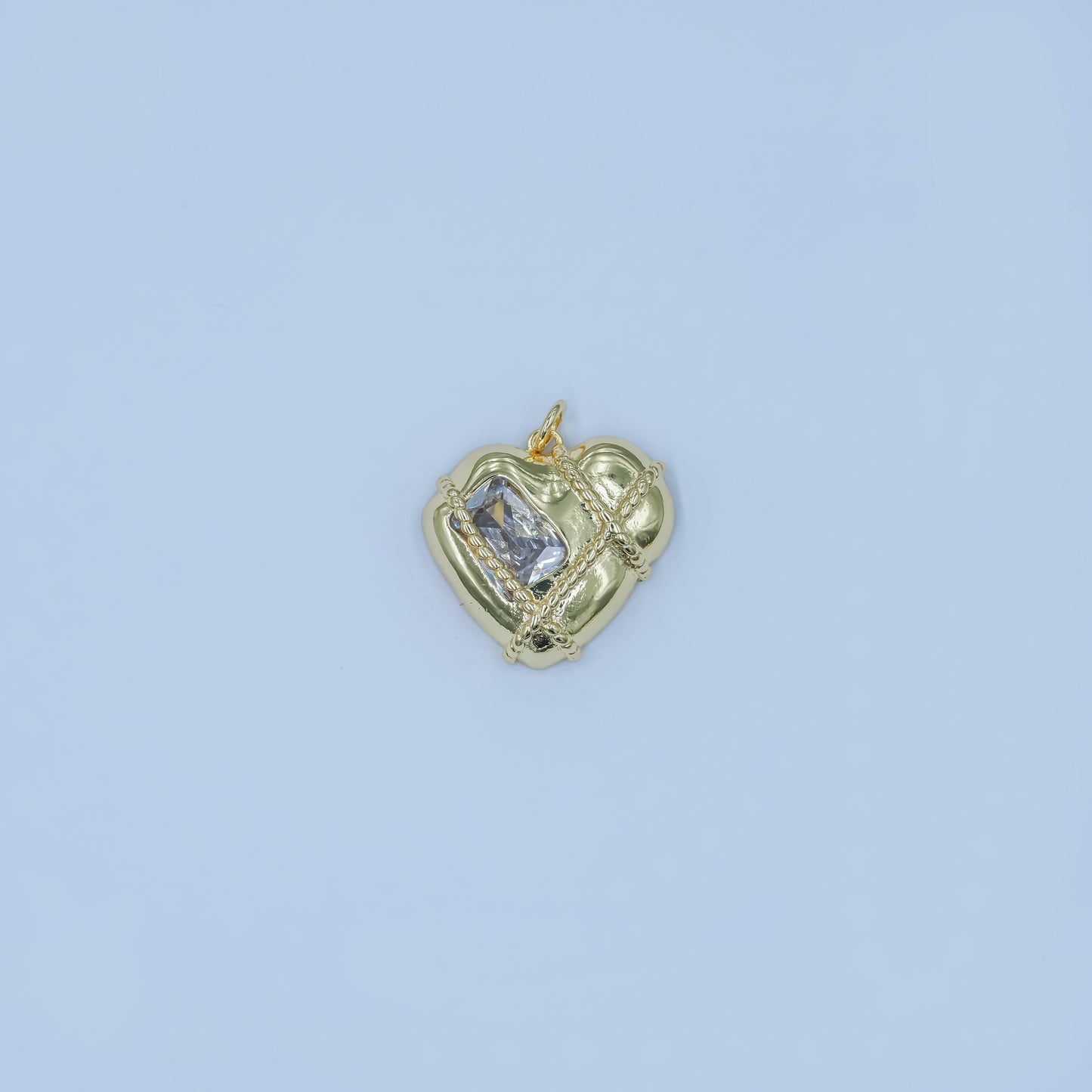 24K Gold Filled Baguette CZ Rope Tied Molten Heart Charm | C764