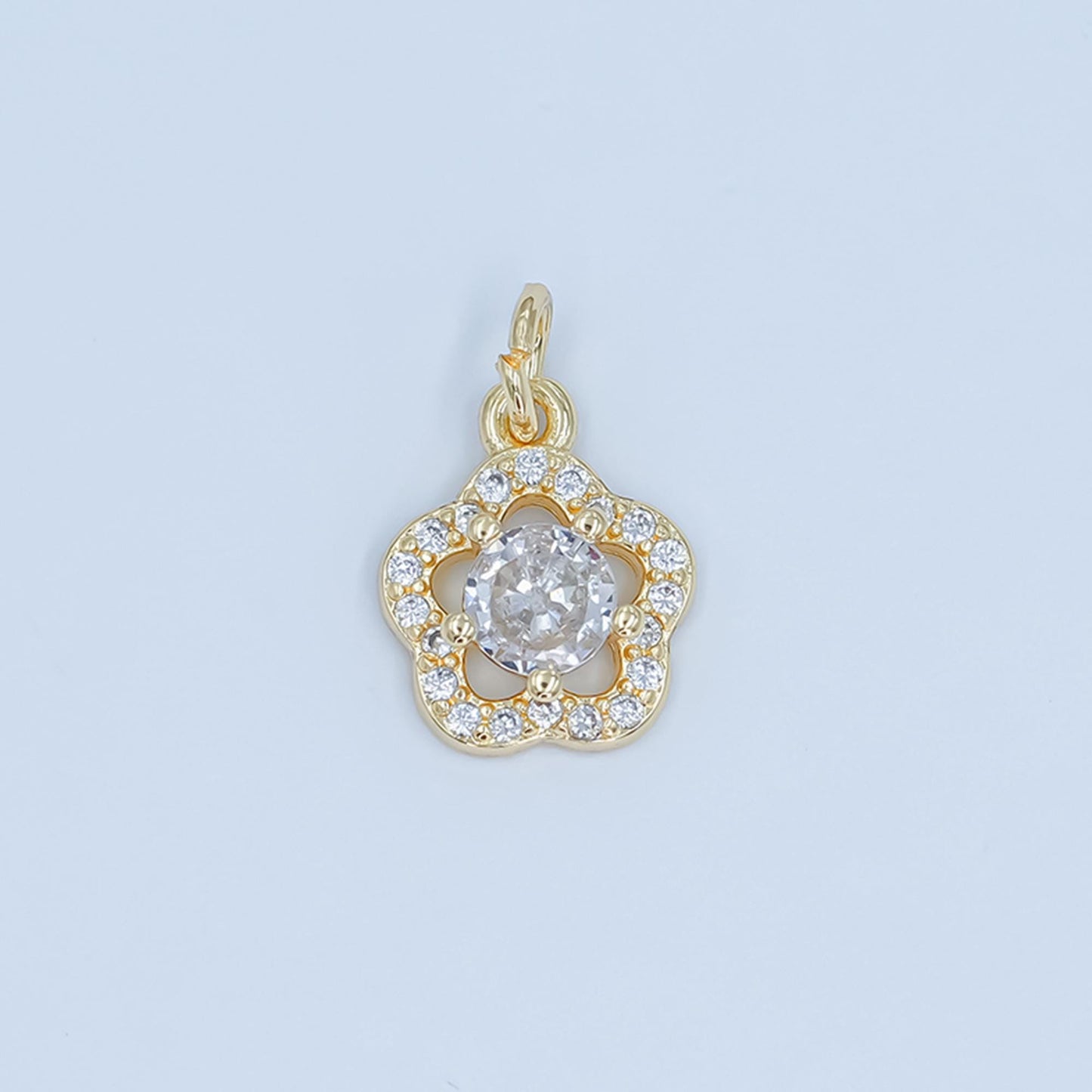 Flower CZ Pendant Charm in White Gold Silver Dainty Floral Necklace Charm Elegant Micro Pave Flower Jewelry Making Supply C858