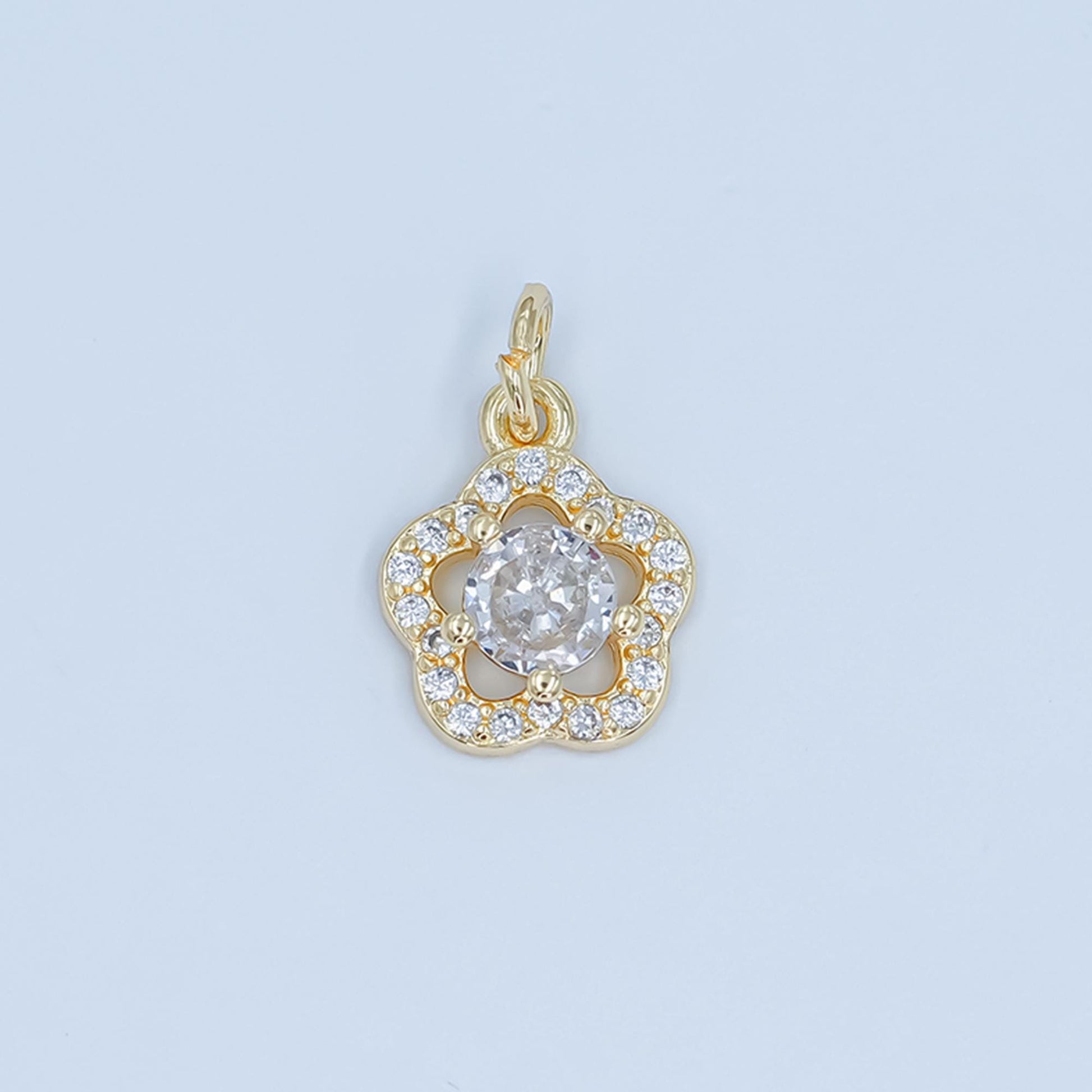Flower CZ Pendant Charm in White Gold Silver Dainty Floral Necklace Charm Elegant Micro Pave Flower Jewelry Making Supply C858