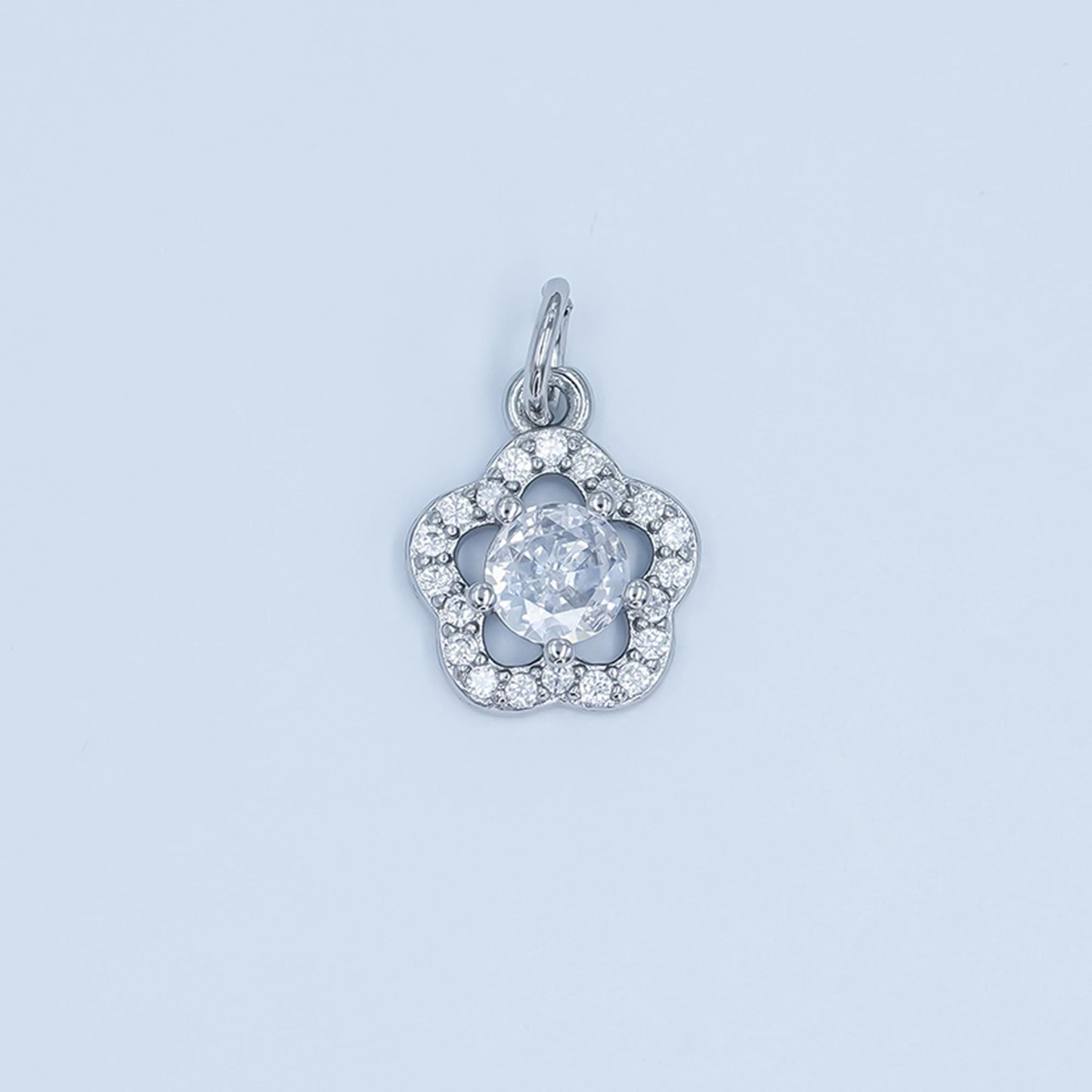 Flower CZ Pendant Charm in White Gold Silver Dainty Floral Necklace Charm Elegant Micro Pave Flower Jewelry Making Supply C858